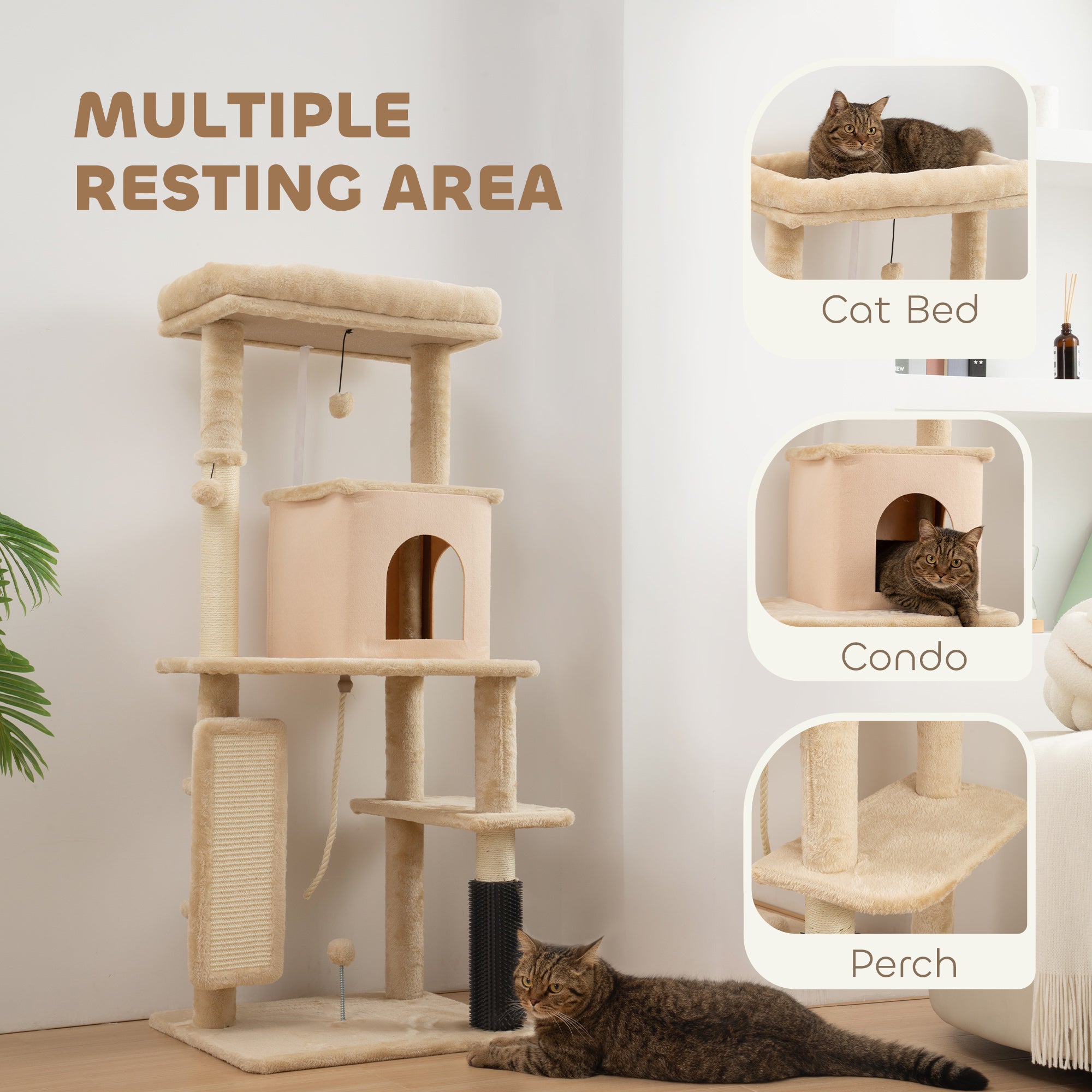 PawHut 132cm Cat Tree w/ Scratching Posts, Pad, Cat Bed, Cat House, Jumping Platform, Grooming Brush, Anti-Tip Kit, Beige