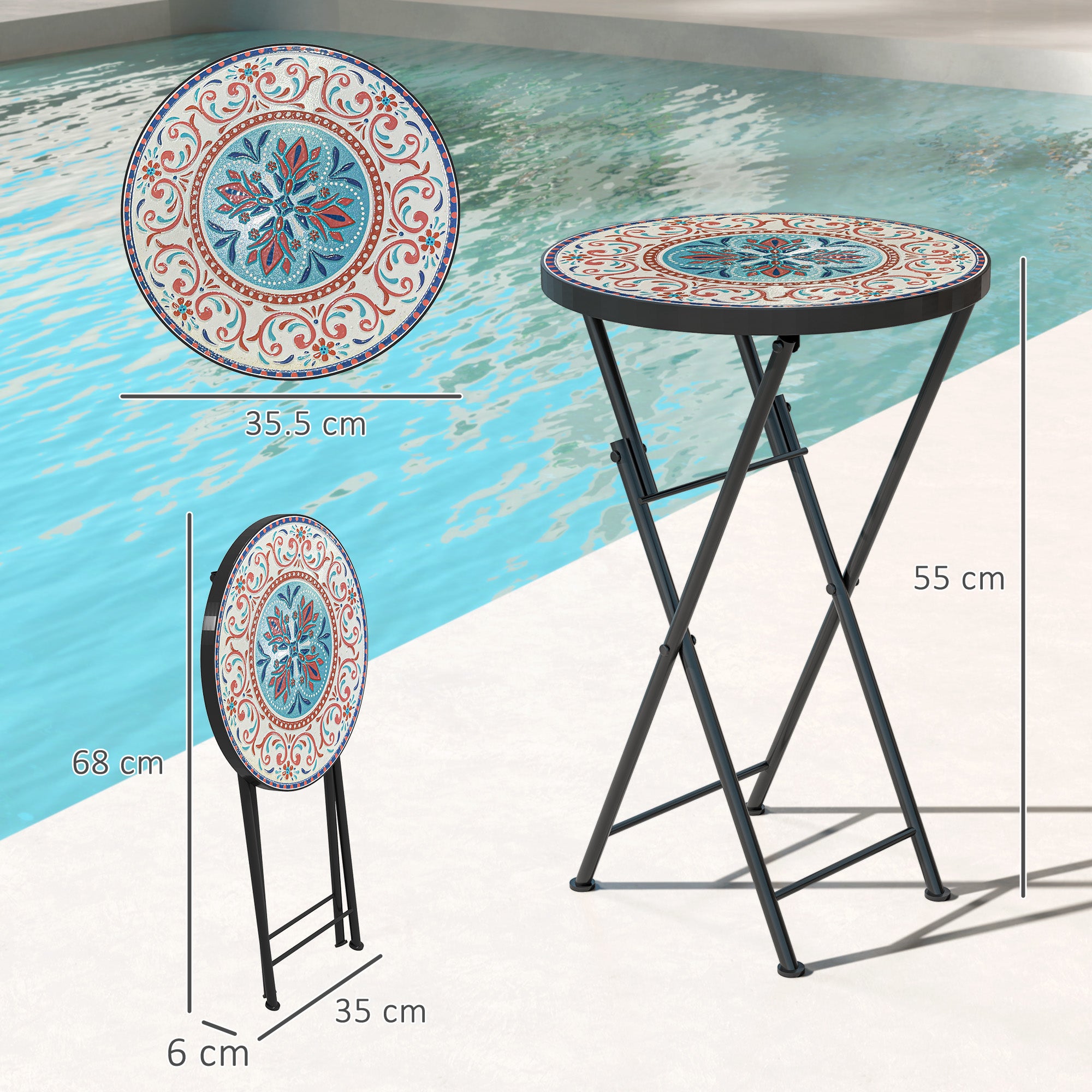 Outsunny Mosaic Outdoor Garden Table, 35.5cm Round Folding Coffee Table with Metal Frame for Balcony Terrace, Multicolour