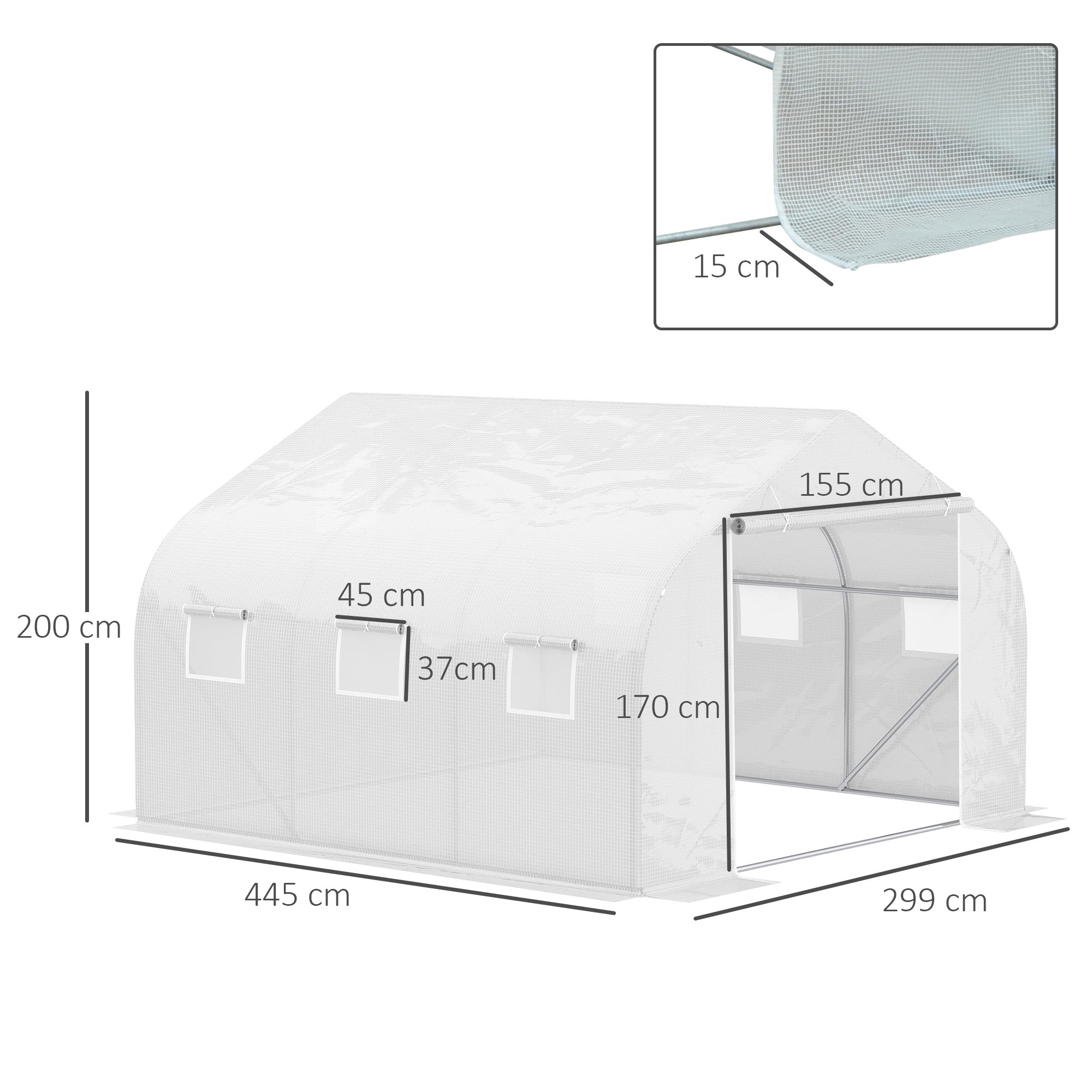 Outsunny Walk-In Tunnel Greenhouse with Replacement Cover, Outdoor Growhouse with PE Cover, Roll Up Door and 6 Windows, 4.5 x 3 x 2 m, White