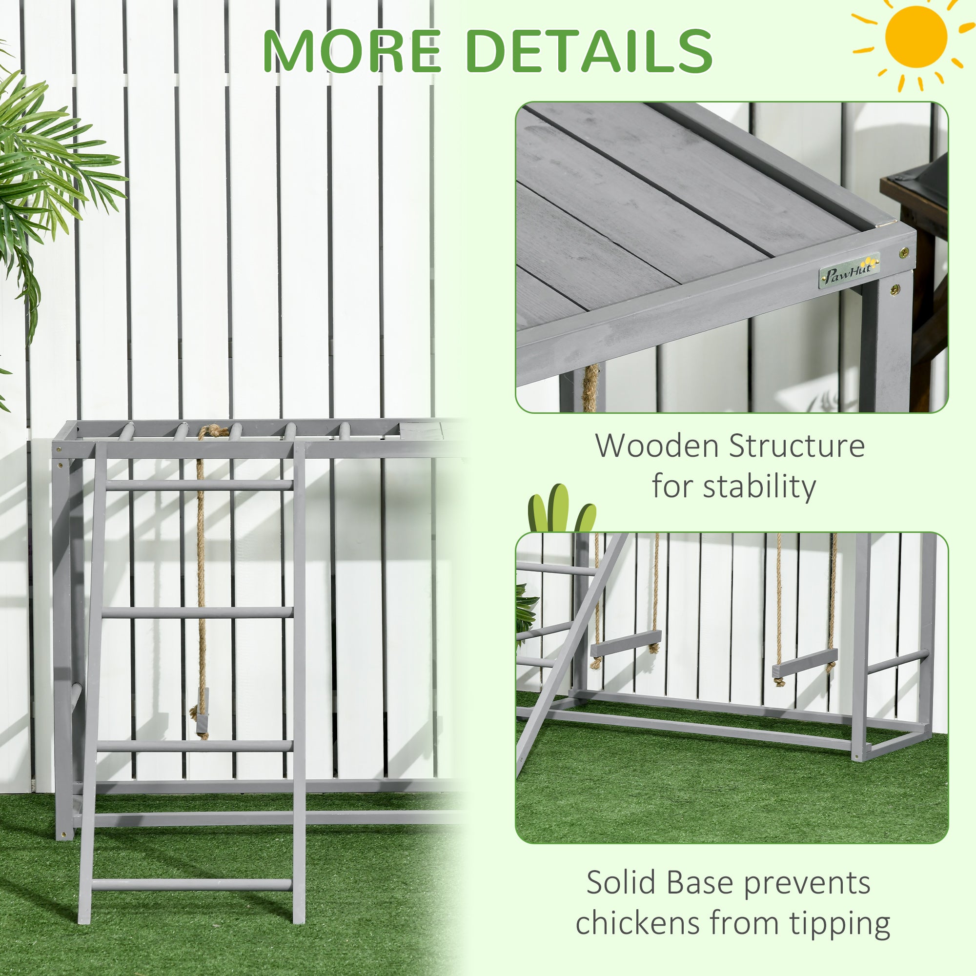 PawHut Chicken Activity Play with Swing Set for 3-4 Chickens, Wooden Chicken Coop, Grey - North Peak Garden Furniture