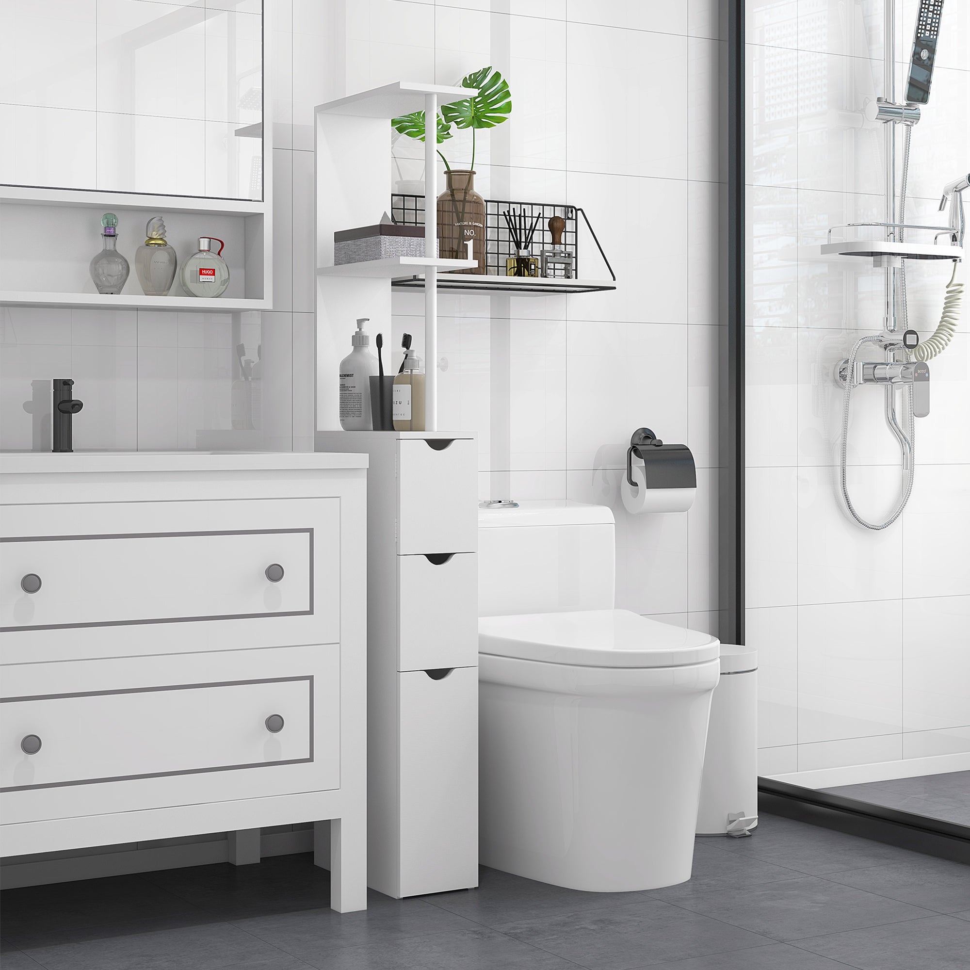 kleankin Slim Bathroom Storage Cabinet with Drawers, Tall Bathroom Cupboard with 2-Tier Shelf, White - North Peak Garden Furniture