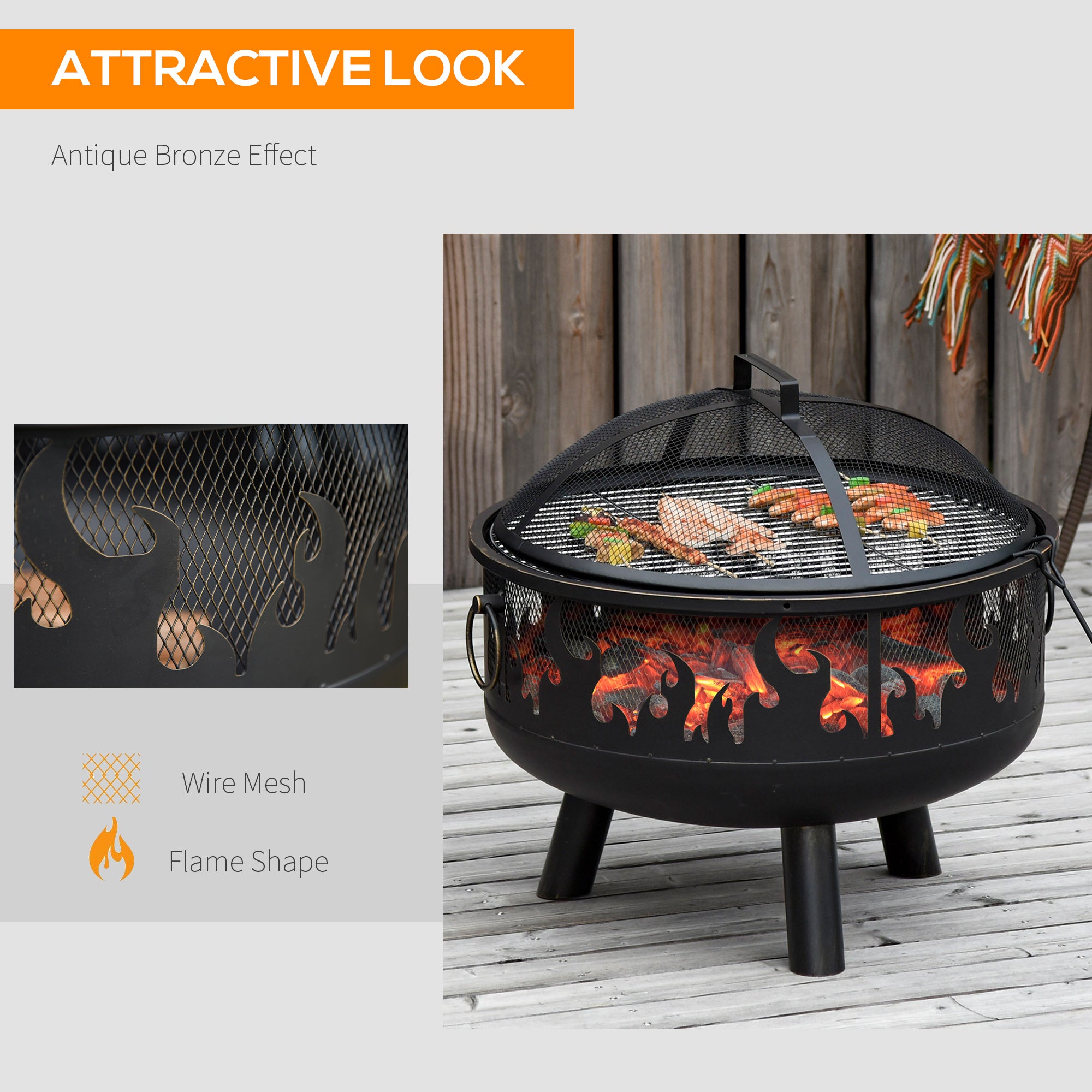 Outsunny 2-in-1 Outdoor Fire Pit with Cooking Grate Steel BBQ Grill Bowl Heater with Spark Screen Cover, Fire Poker for Backyard Bonfire Patio