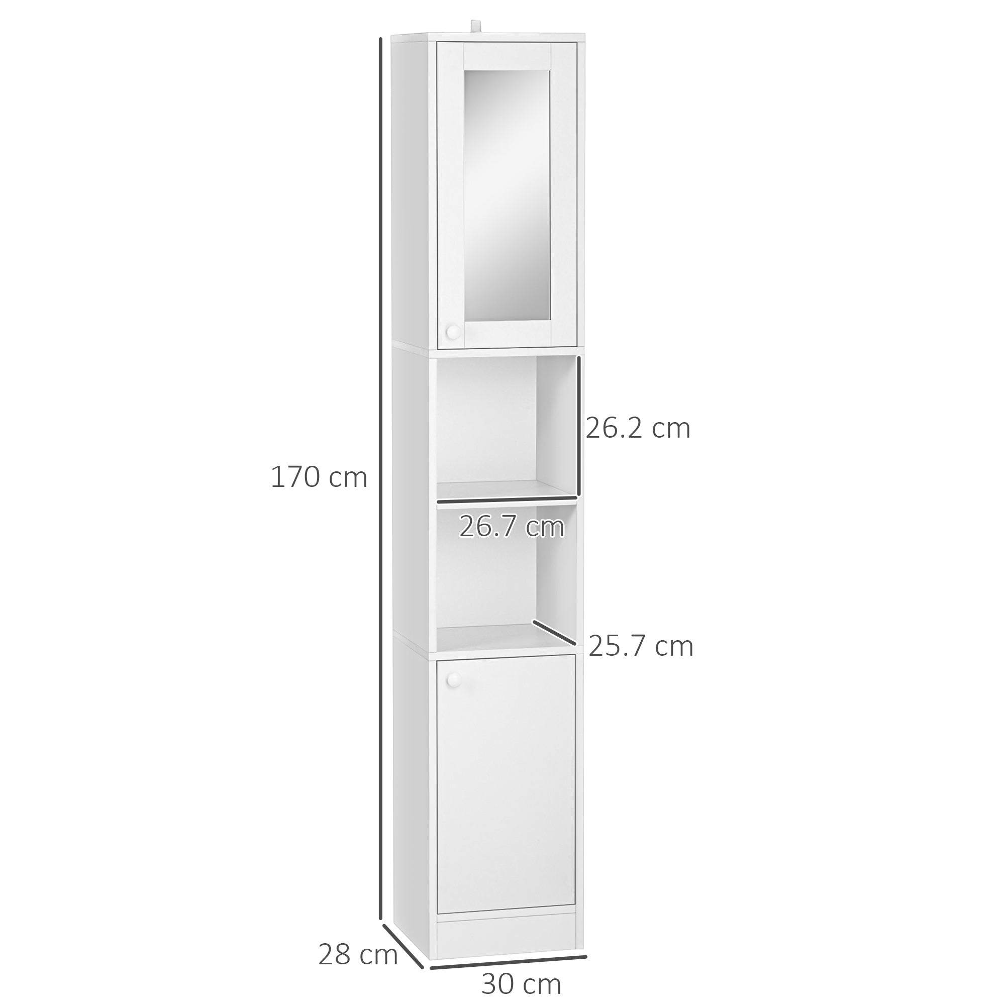 kleankin Tall Bathroom Storage Cabinet with Mirror, Narrow Bathroom Unit, Freestanding Bathroom Cupboard with Adjustable Shelves and 2 Doors, White