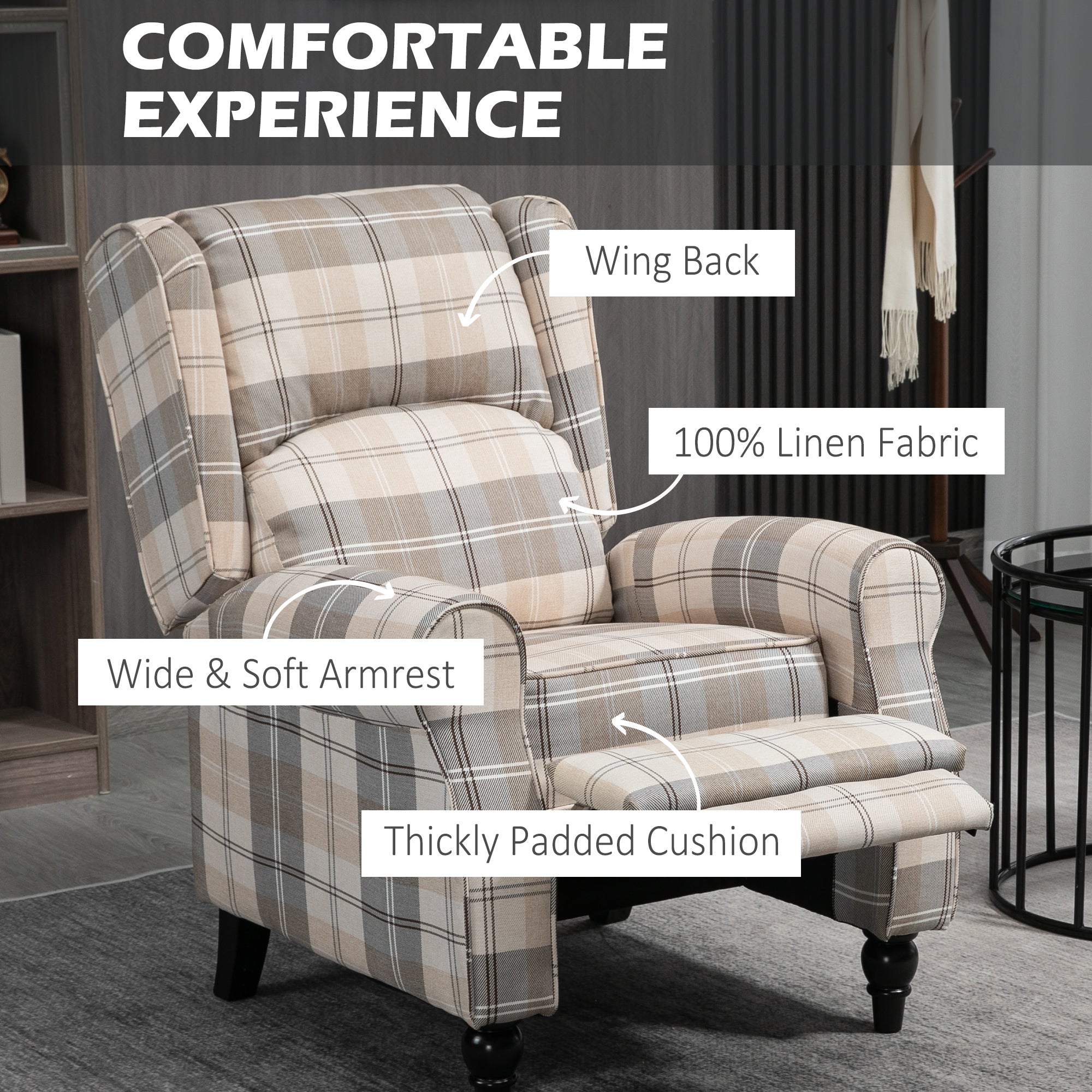 HOMCOM Farmhouse Recliner Armchair for Living Room, Wingback Reclining Chair with Footrest, Round Armrests and Rubber Wood Legs, Khaki - North Peak Garden Furniture