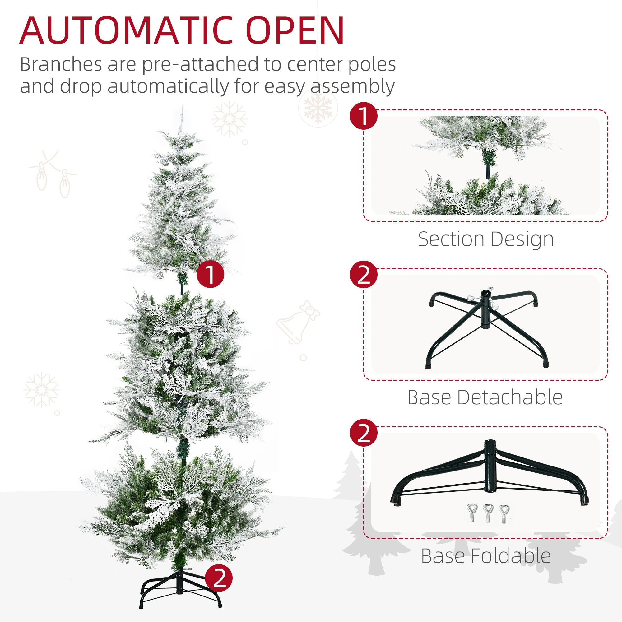 HOMCOM 6 Ft Pencil Snow Flocked Artificial Christmas Tree with Realistic Cypress Branches, Auto Open, Green - North Peak Garden Furniture