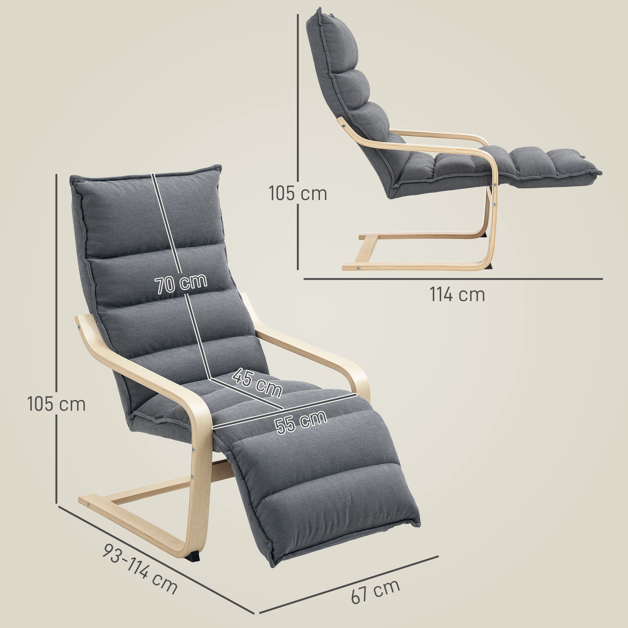 HOMCOM Curved Wooden Accent Chair, with Adjustable Footrest - Drak Grey - North Peak Garden Furniture