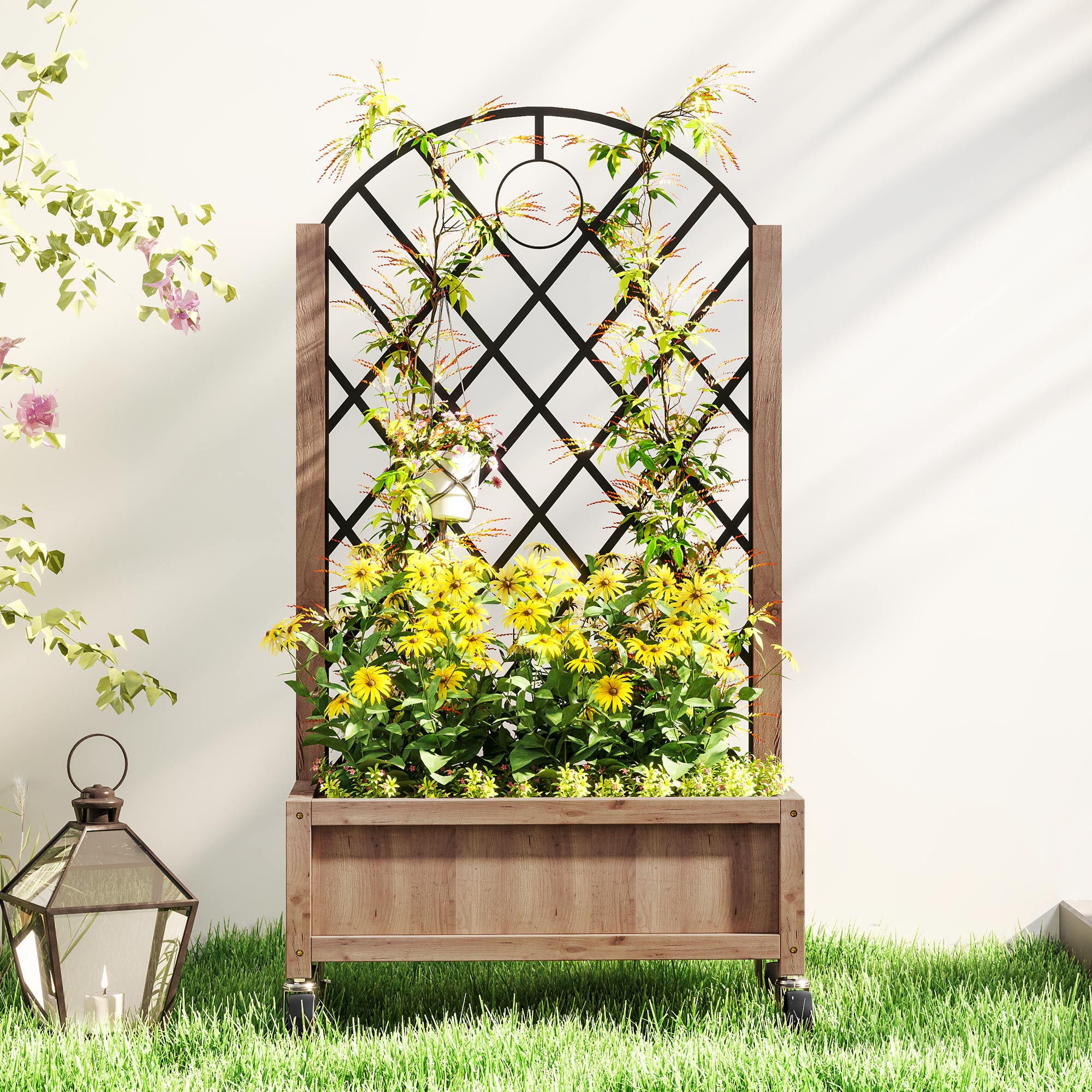 Outsunny Wooden Planter, with Metal Trellis - Brown/Black - North Peak Garden Furniture