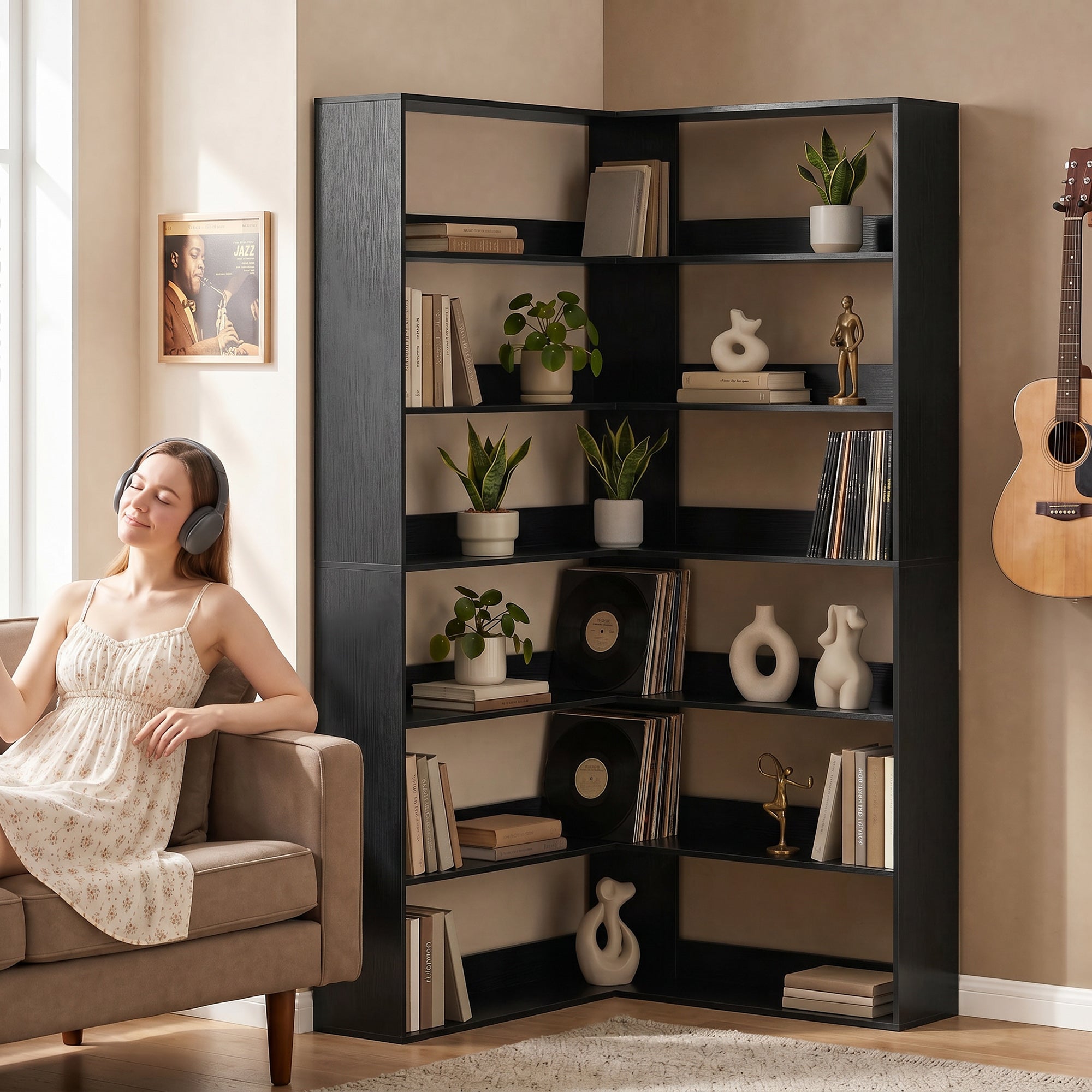 HOMCOM 7 Tiers Bookshelf, L-Shaped Corner Bookcase with Anti-Slip Rear Guard, Black Wood Effect