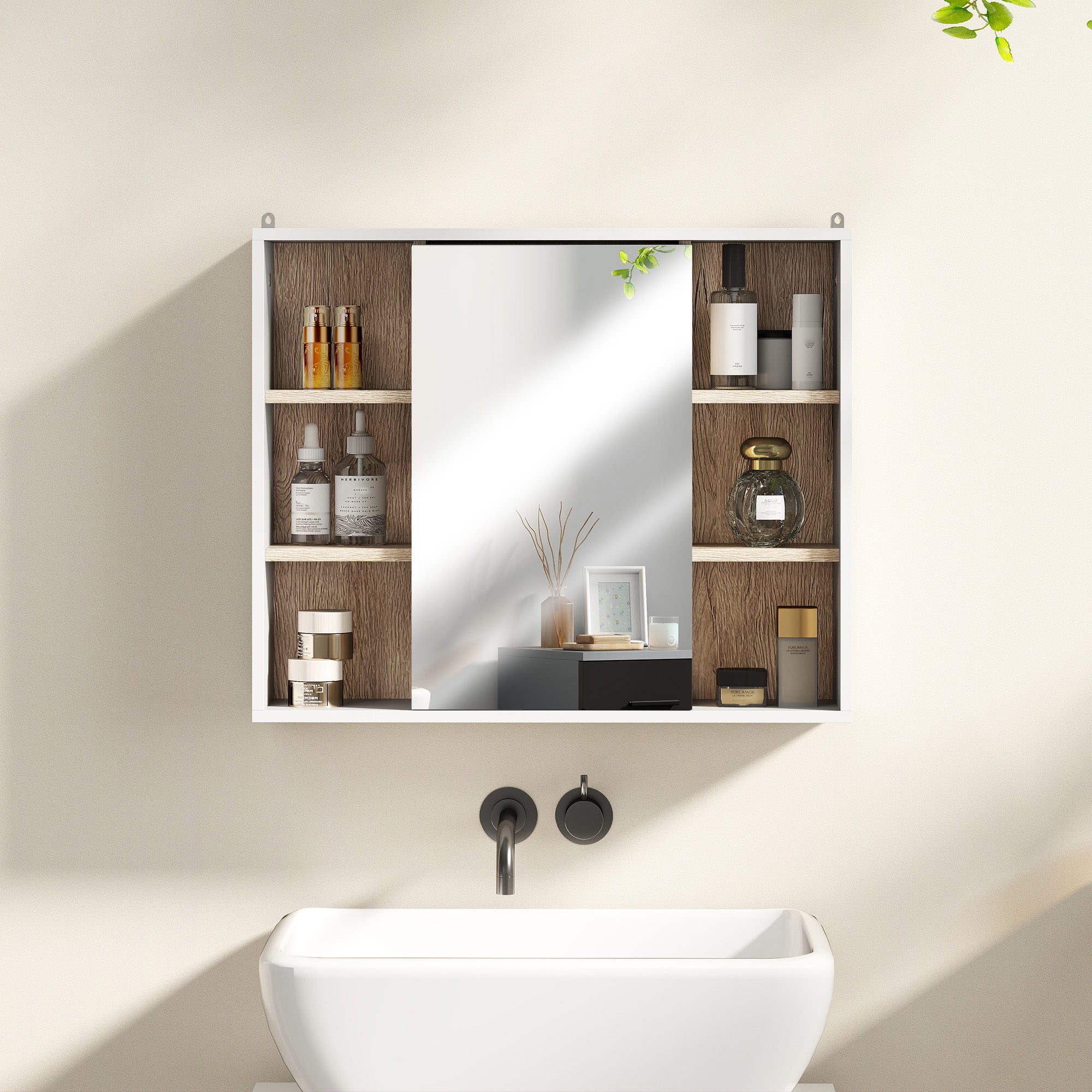 HOMCOM Bathroom Mirror Cabinet, Wall Mounted Storage Cabinet with Open Cupboard and Adjustable Shelf, White