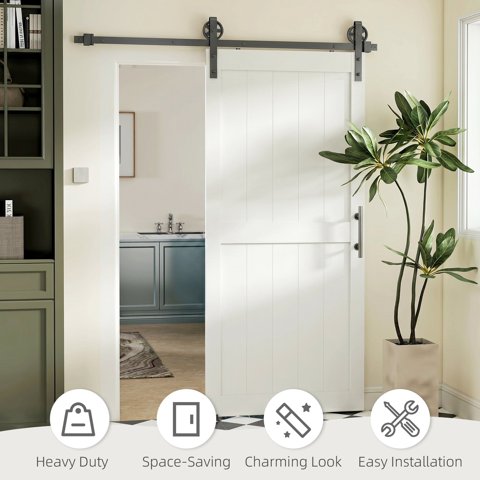 HOMCOM 183cm Sliding Barn Door Kit, Sliding Door with Track, Hardware, Upgraded Rollers and Floor Guide, Handle, White