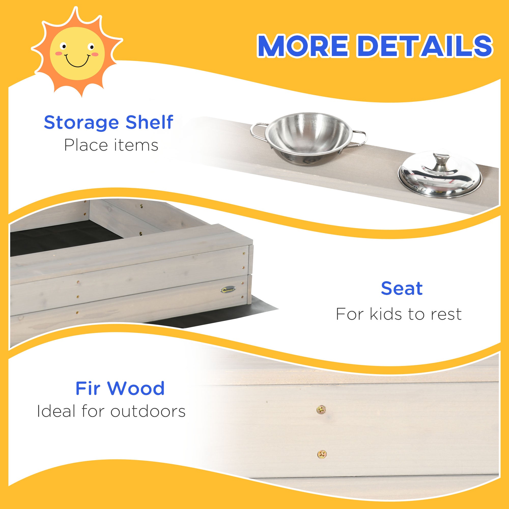 Outsunny Kids Wooden Sandbox w/ Canopy, Kitchen Toys, Seat, Storage, for 3-7 Years Old Outdoor Play - North Peak Garden Furniture