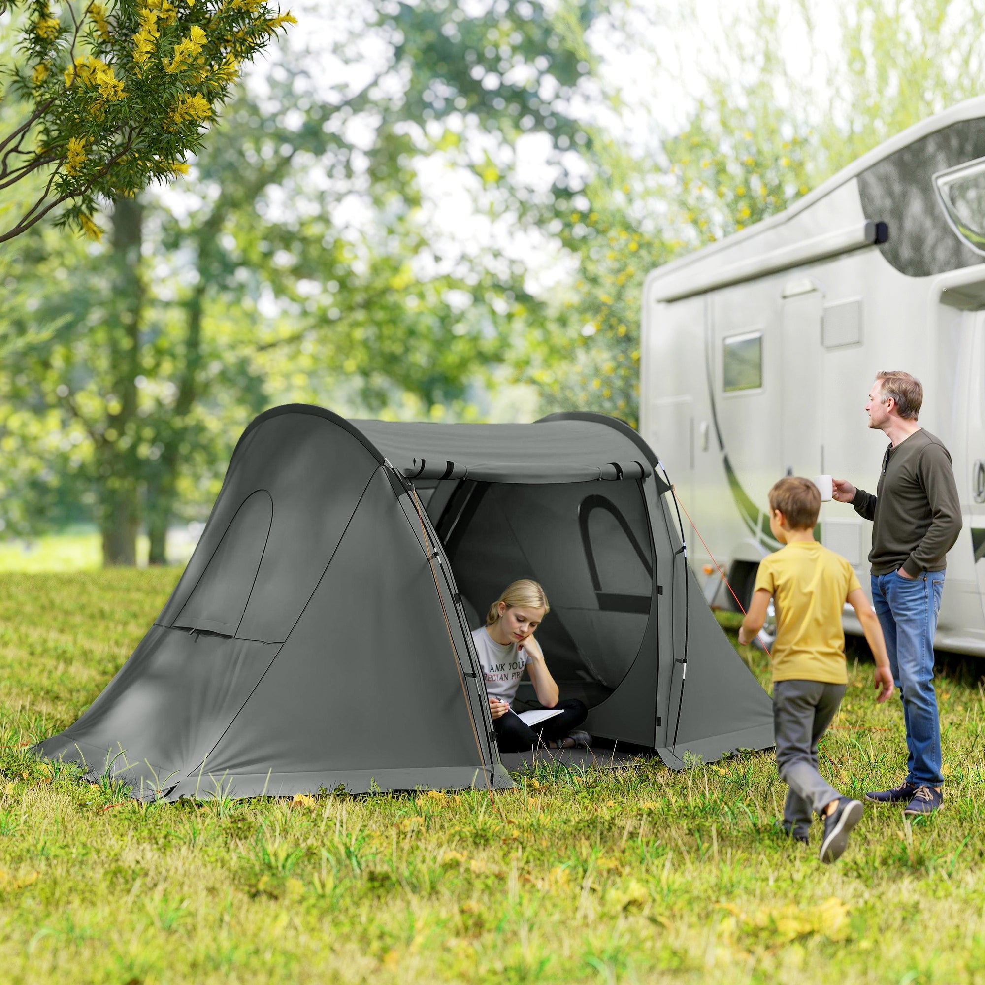Outsunny 3 Man Camping Tent with Living Area and 2 Bedrooms, 3000mm Waterproof Family Tent with Sewn-in Groundsheet, Portable with Bag for Hiking, Festival, Backpacking, Drak Grey - North Peak Garden Furniture