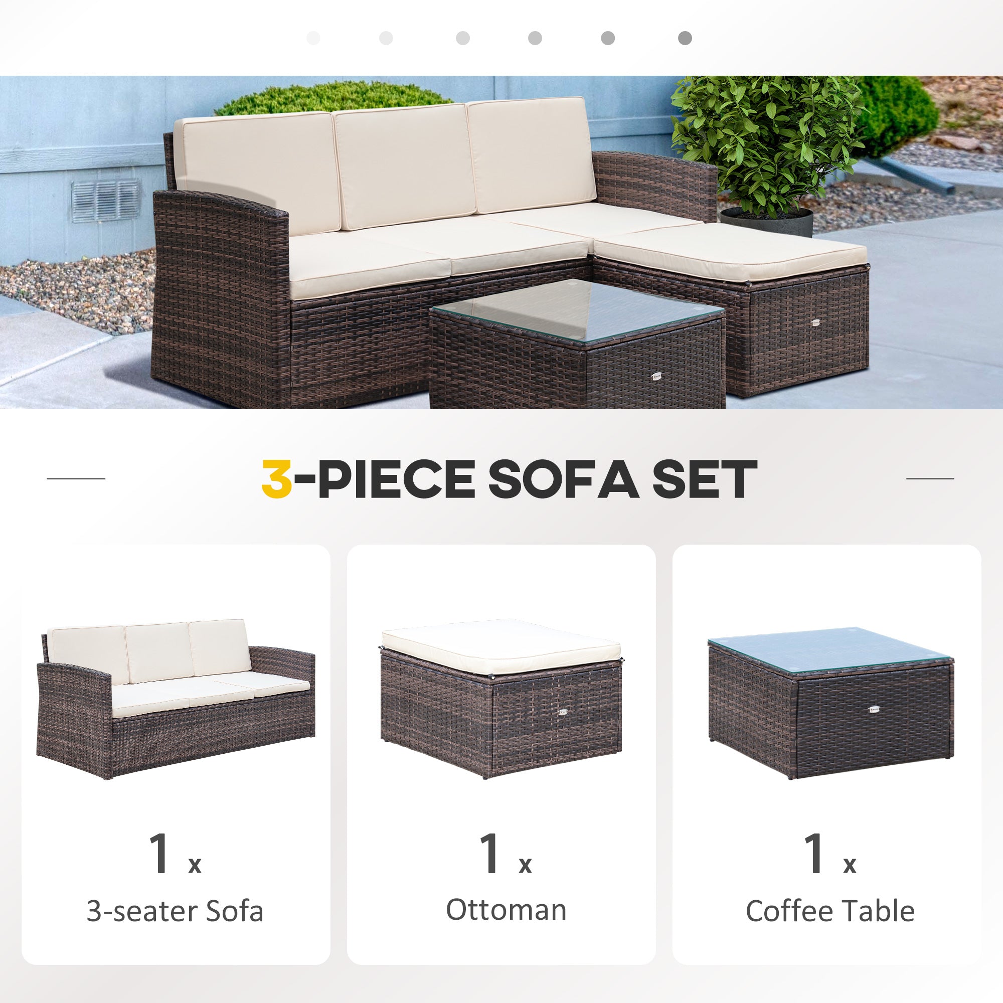 Outsunny Waterproof 4-Seater Rattan Garden Furniture Outdoor Patio Corner Sofa and Coffee Table Set Footstool w/ Thick Cushions, Brown | Aosom UK