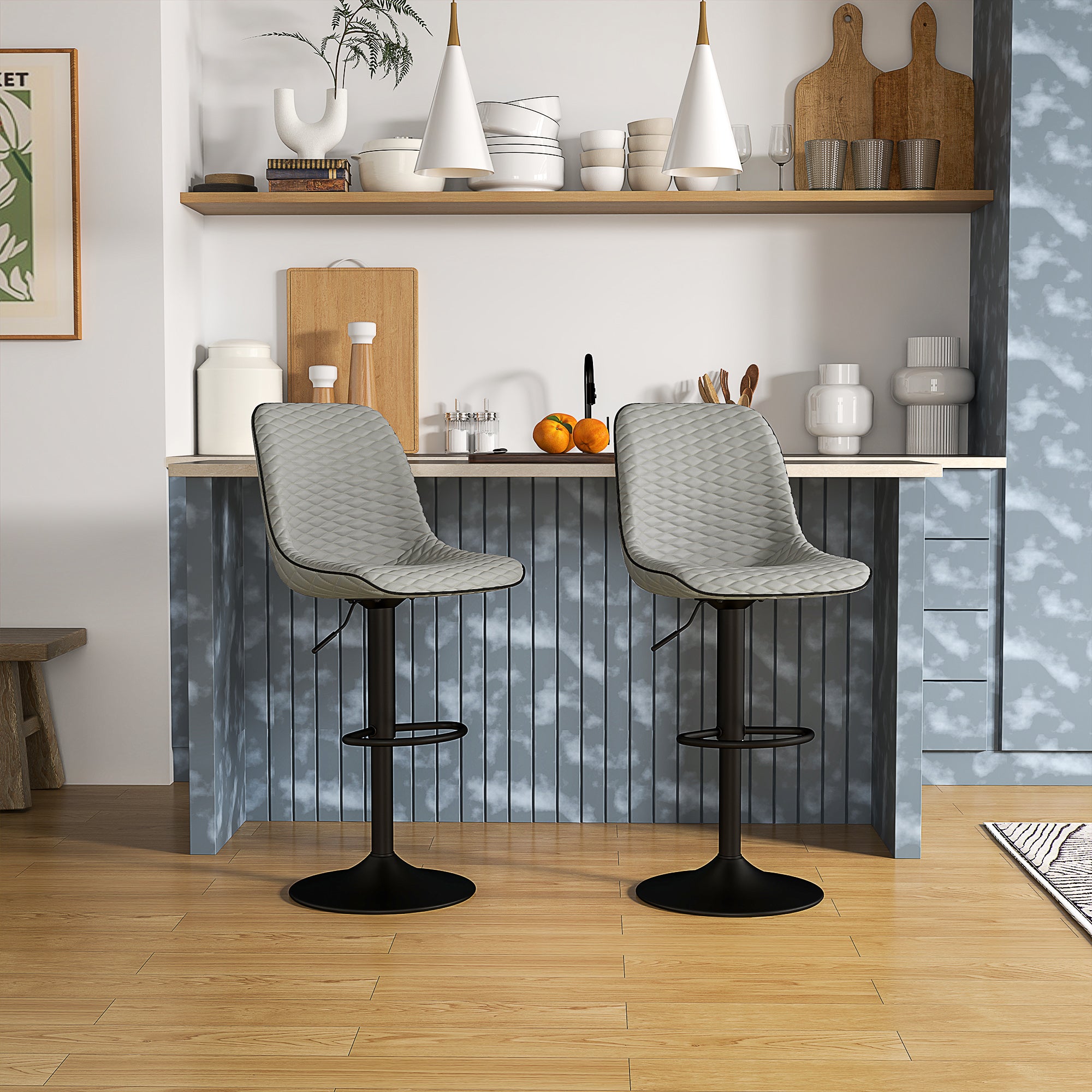 HOMCOM Set of Two Faux Leather Bar Stools - Grey - North Peak Garden Furniture