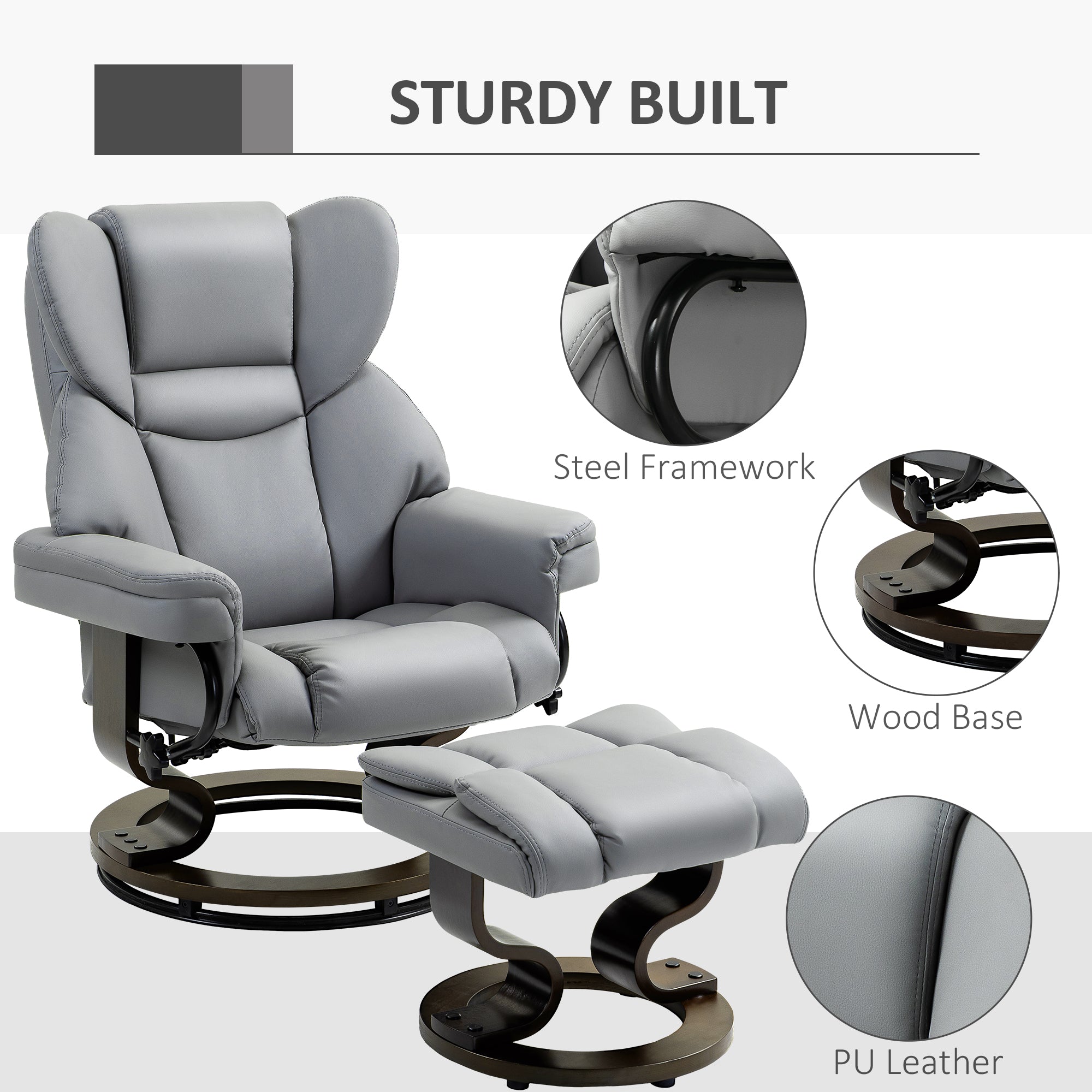 HOMCOM Faux Leather Recliner Chair and Footstool, Swivel Upholstered Armchair and Footstool with Adjustable Backrest, Solid Wood Base for Living Room, Light Grey - North Peak Garden Furniture