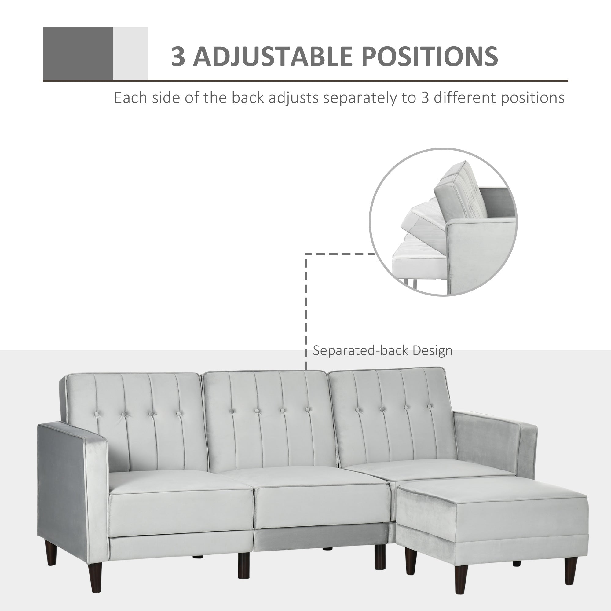 HOMCOM L Shape Sofa Bed Set with 3-Seater Sofa and Footstool, Corner Sofa Bed with Ottoman, Light Grey - North Peak Garden Furniture