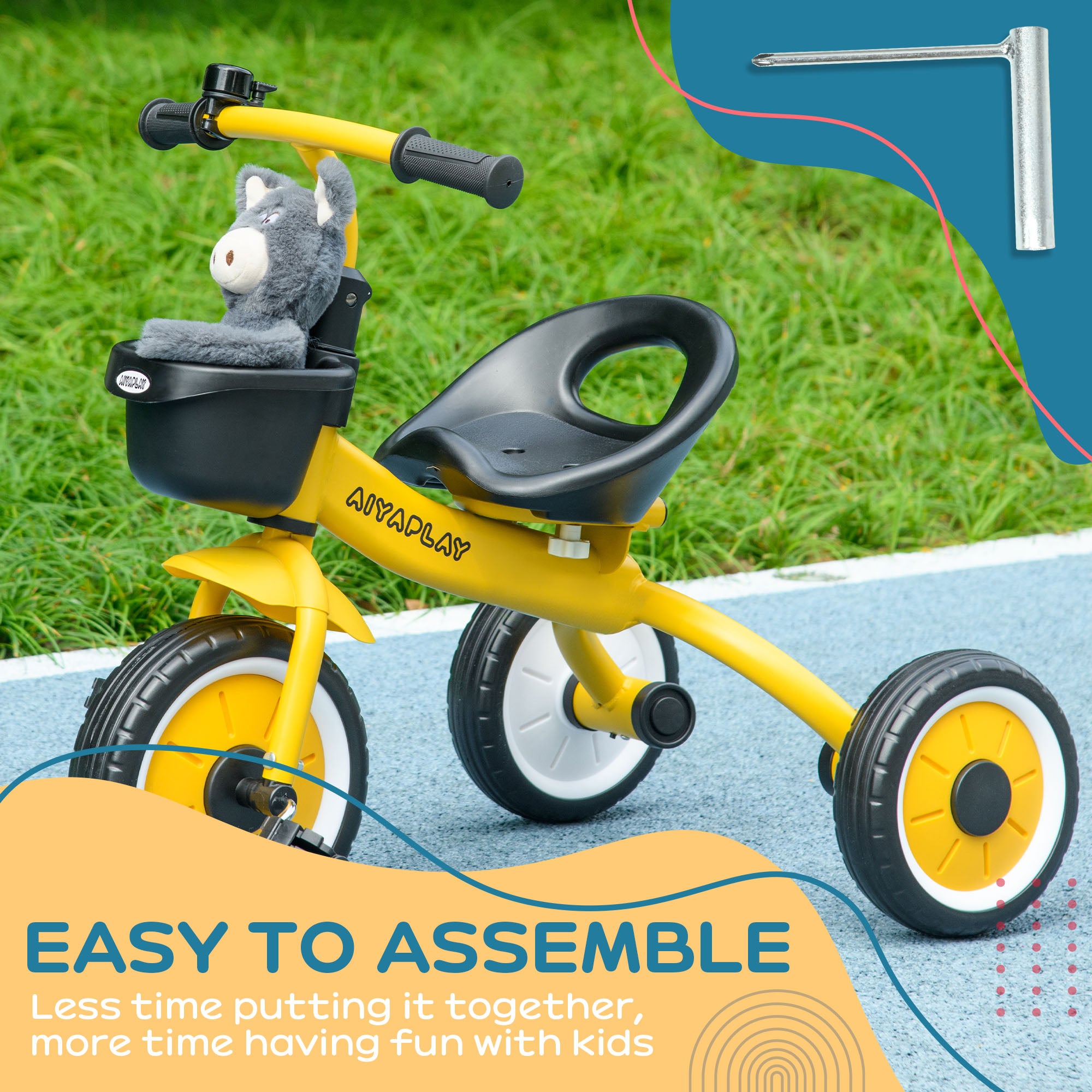 AIYAPLAY Kids Trike, Tricycle, with Adjustable Seat, Basket, Bell, for Ages 2-5 Years - Yellow - North Peak Garden Furniture
