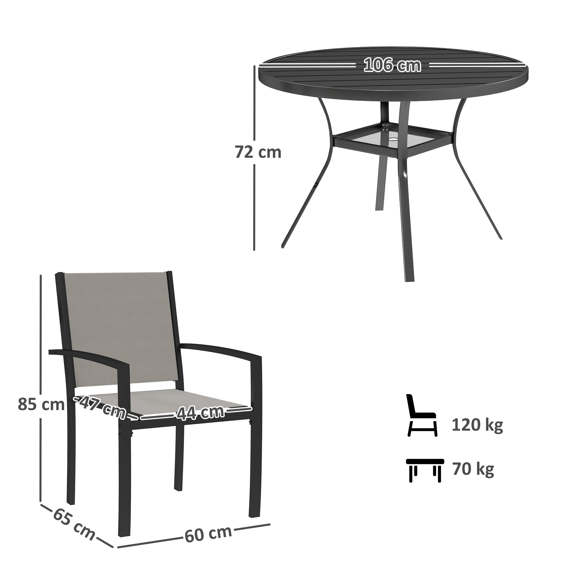 Outsunny 5 Piece Garden Furniture Set, Garden Dining Set with Round Table and 4 Stackable Chairs, Steel Frame, for Outdoor, Patio, Terraces, Dark Grey - North Peak Garden Furniture