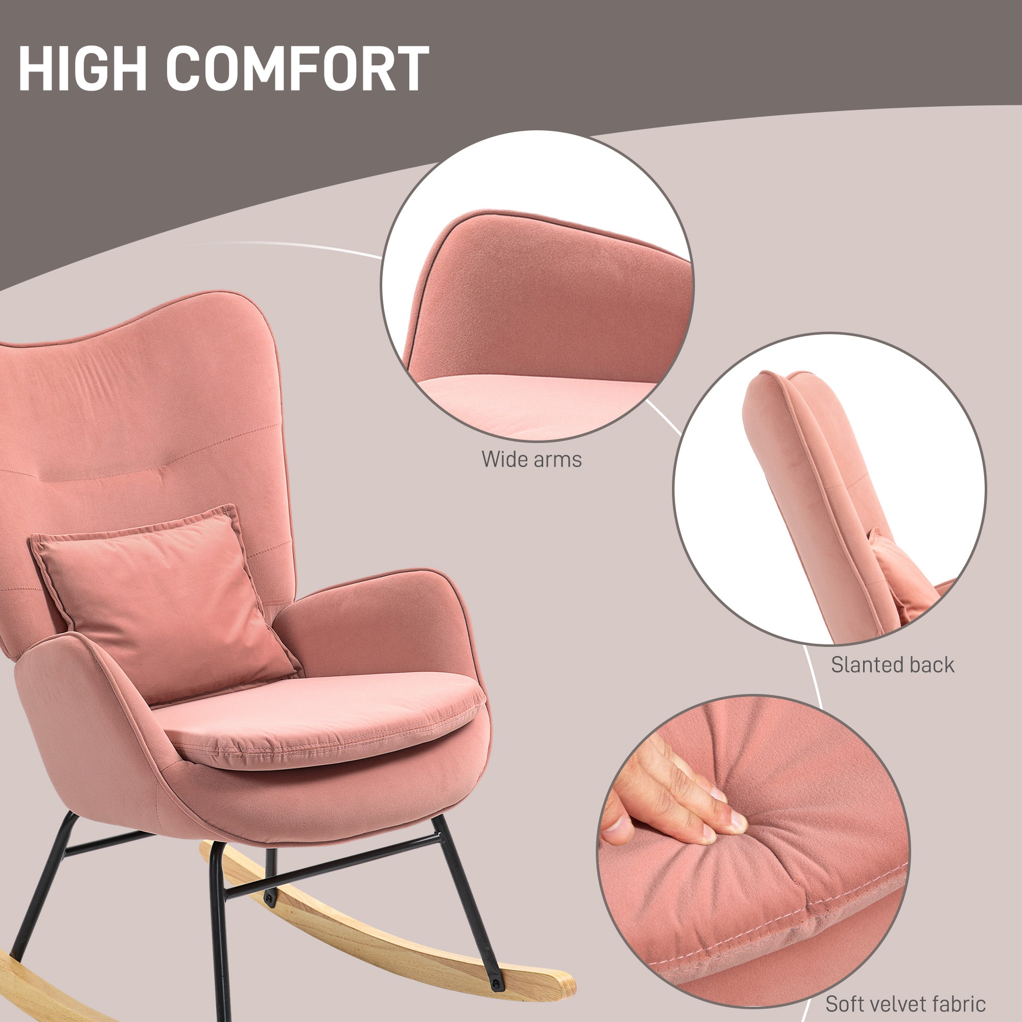 HOMCOM Velvet Rocking Chair Armchair with Lumbar Pillow, Metal Legs and Wood Base for Living Room, Bedroom, Pink