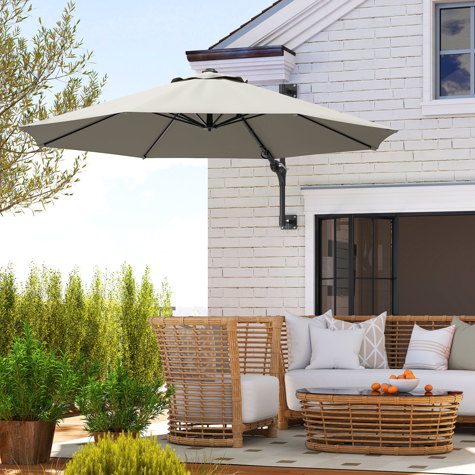 Outsunny 3(m) Wall-Mounted Parasol Shade, with Handle - Light Grey - North Peak Garden Furniture