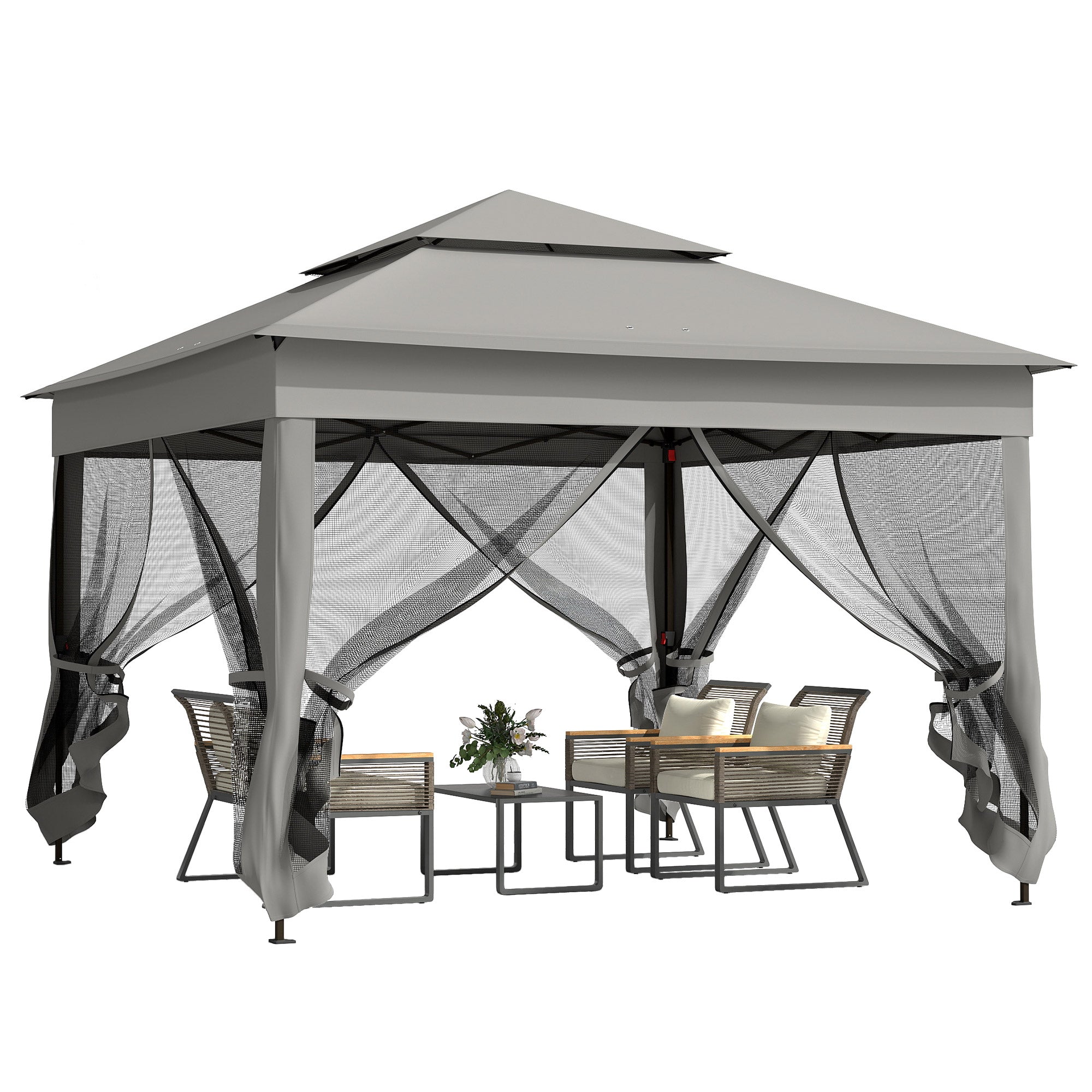Outsunny 3 x 3(m) Pop Up Gazebo, Double-roof Garden Tent with Netting and Carry Bag, Party Event Shelter for Outdoor Patio, Dark Grey - North Peak Garden Furniture