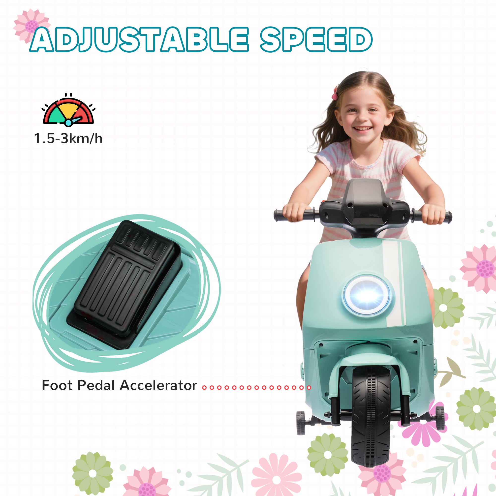 AIYAPLAY 6V Ride on Motorbike Kids Electric Motorbike w/ Headlight Music, Training Wheels, for Ages 18-36 Months - Green - North Peak Garden Furniture