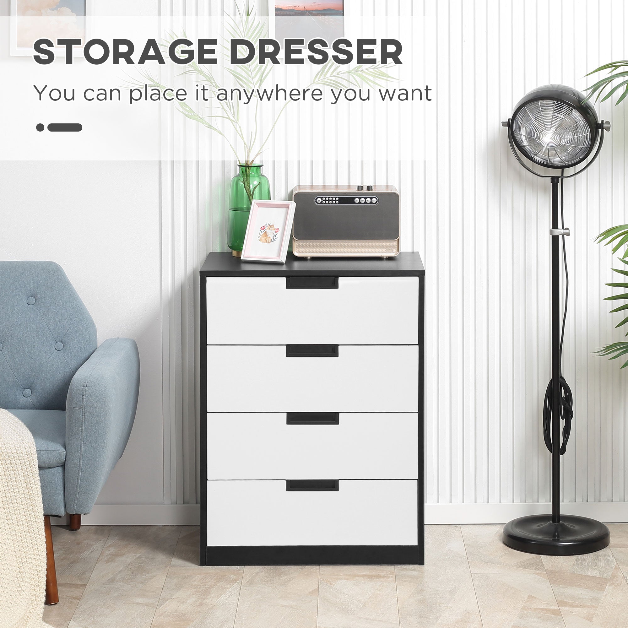 HOMCOM Drawer Chest, 4-Drawer Storage Cabinet Organiser for Bedroom, Living Room, 60cmx40cmx80cm, White and Black - North Peak Garden Furniture