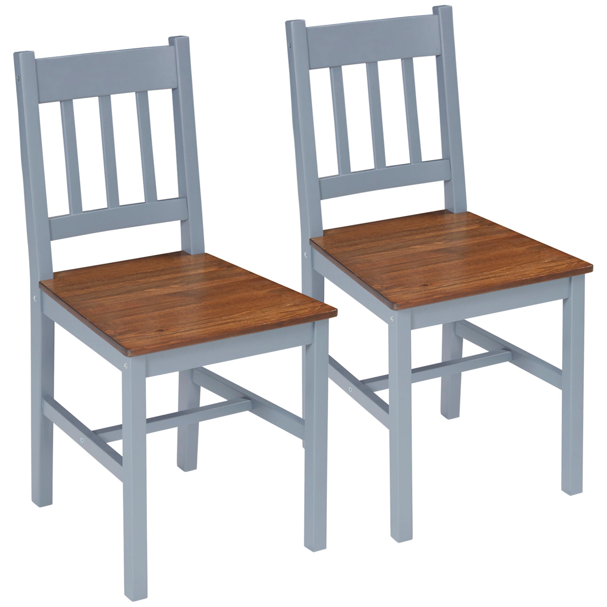 HOMCOM Dining Chairs Set of 2, Kitchen Chair with Slat Back, Pine Wood Structure for Living Room and Dining Room, Grey - North Peak Garden Furniture