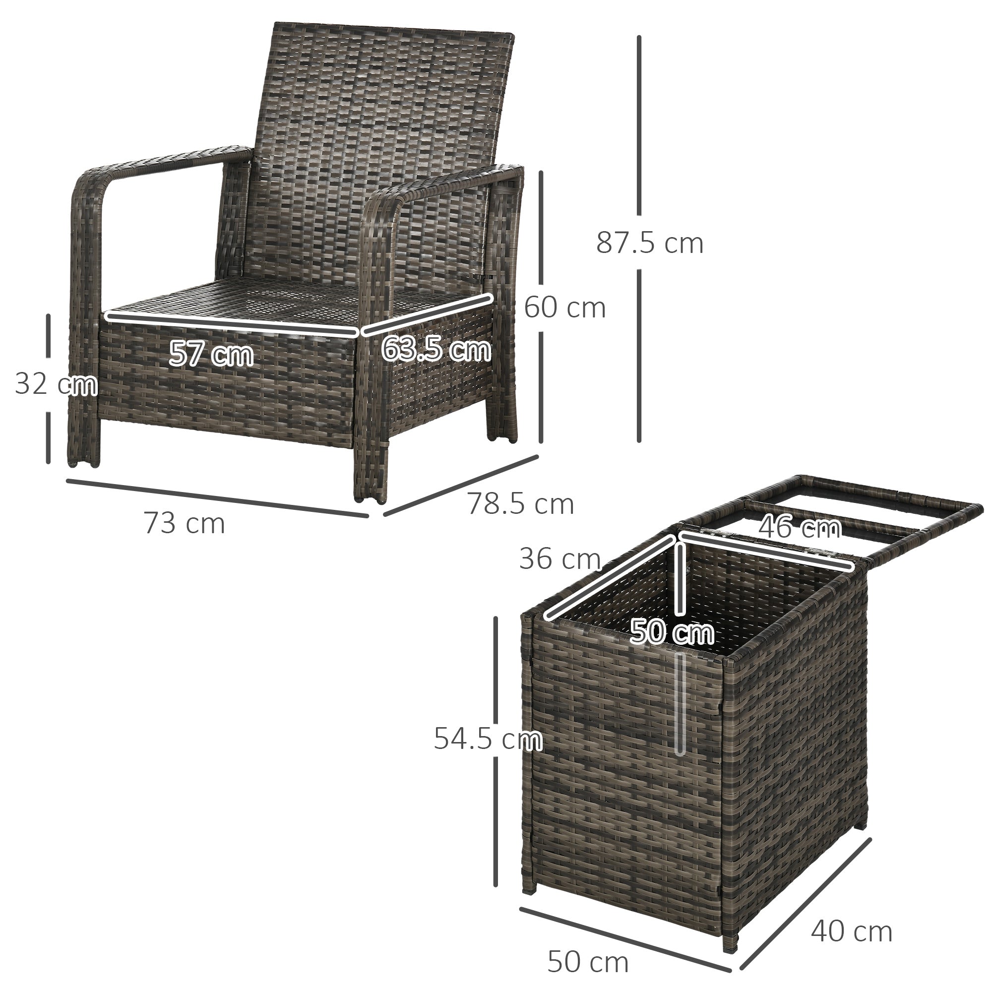 Outsunny 3 Pieces Rattan Bistro Set, Wicker Garden Furniture Set with Storage Coffee Table and Chairs, Thickened Cushions for Outdoor, Patio, Balcony, Grey - North Peak Garden Furniture