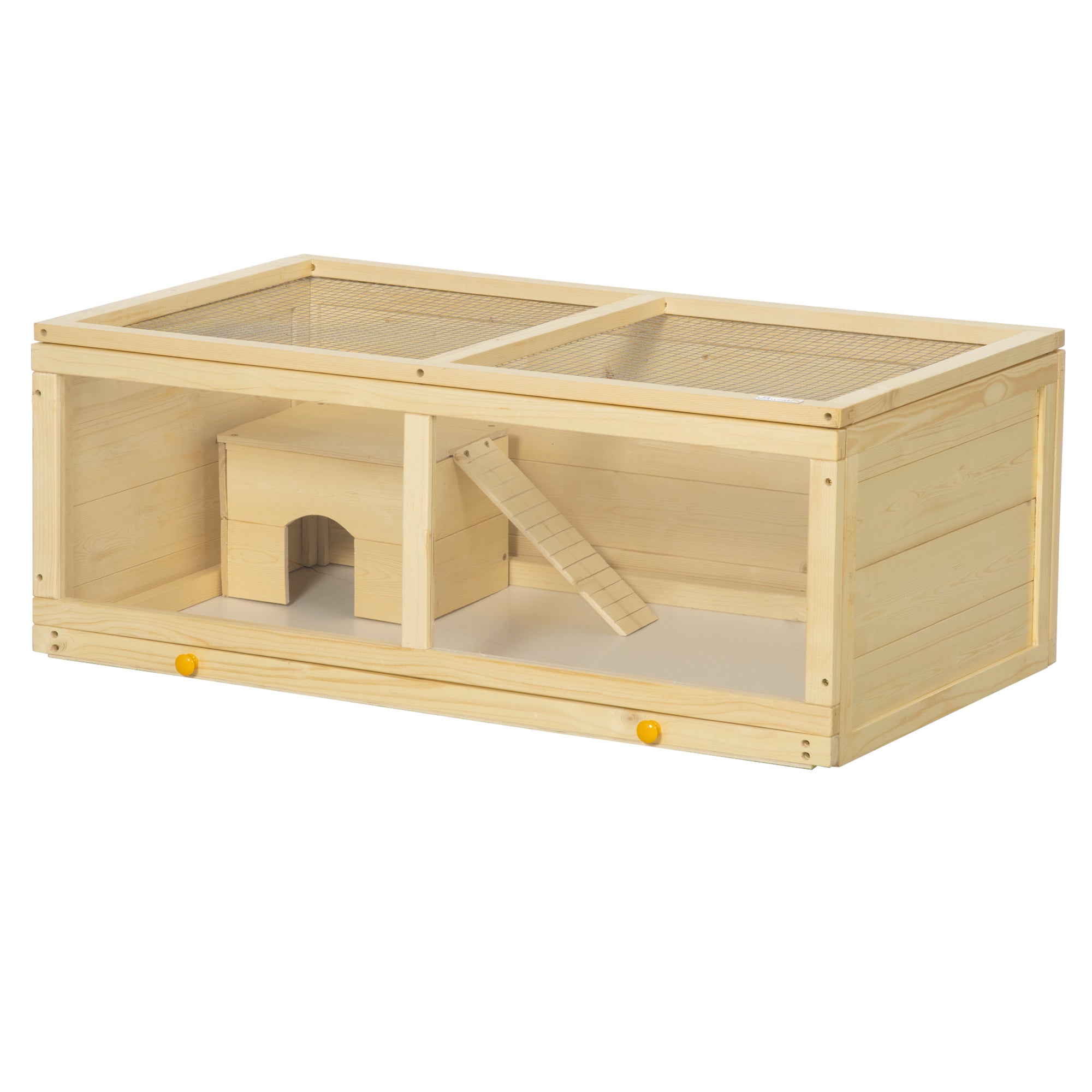 PawHut Wooden Hamster Cage with Sliding Tray, Openable Top, Hut for Syrian Hamsters, Natural Wood - North Peak Garden Furniture