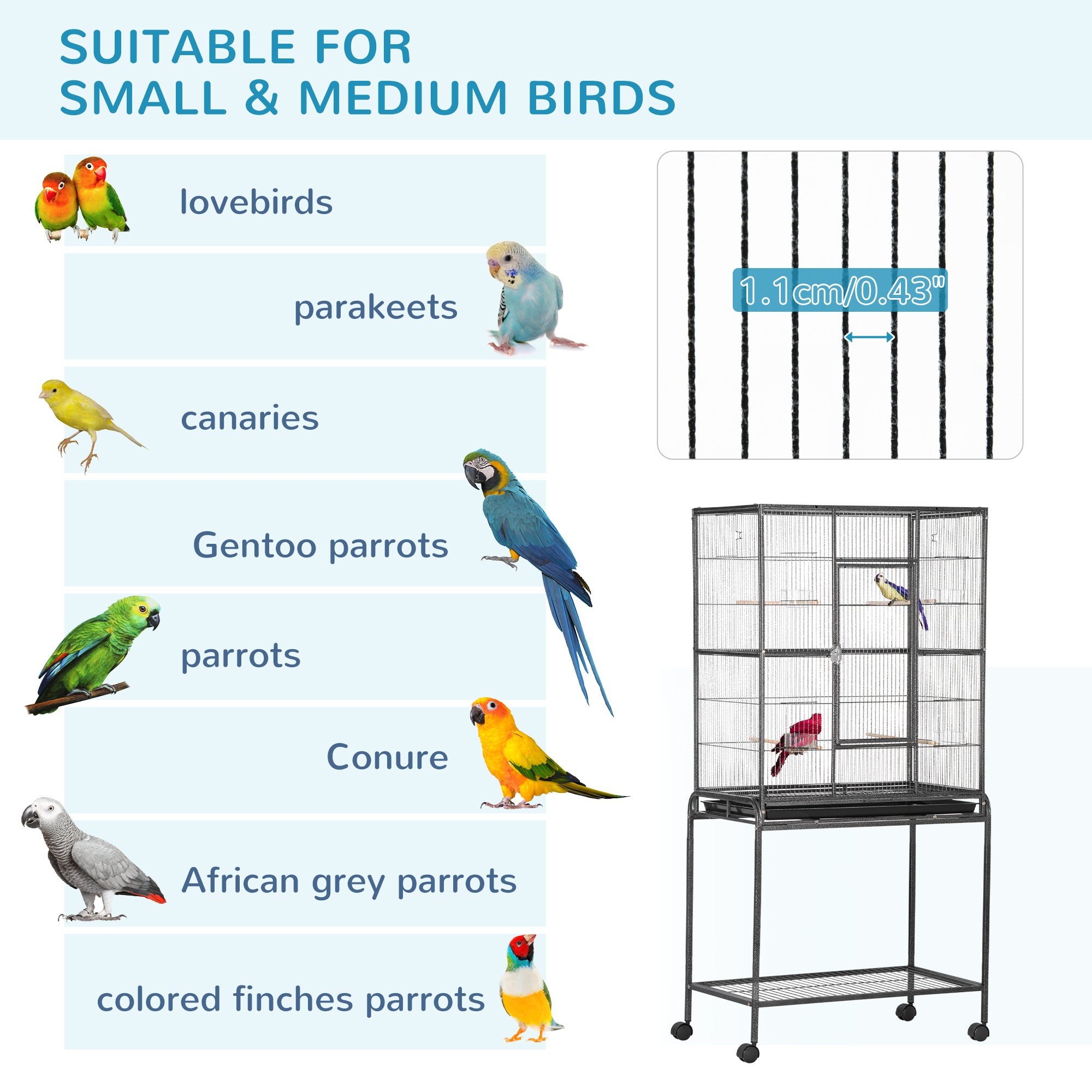 PawHut Large Bird Cage Budgie Cage with Stand, Storage Shelf, Wood Perch for Parrot Canary Parakeet Cockatiels, 81 x 48 x 162.5 cm - North Peak Garden Furniture