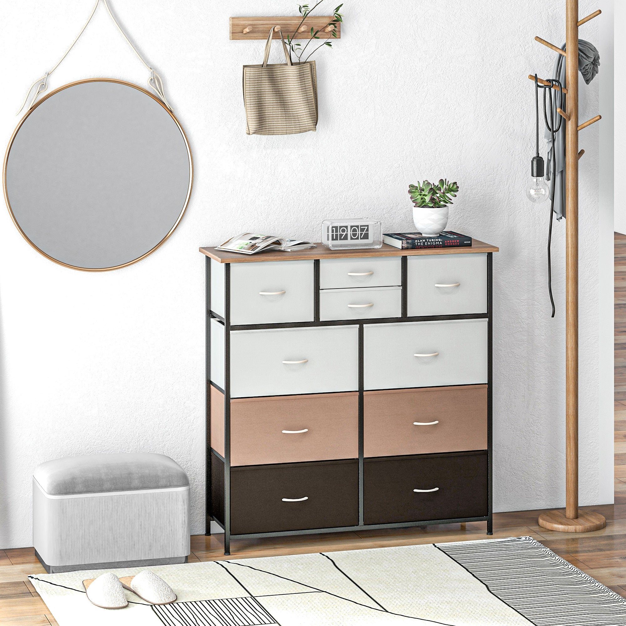 HOMCOM Bedroom Chest of Drawers, 10 Drawer Dresser with Foldable Fabric Drawers and Steel Frame, Multicolour - North Peak Garden Furniture