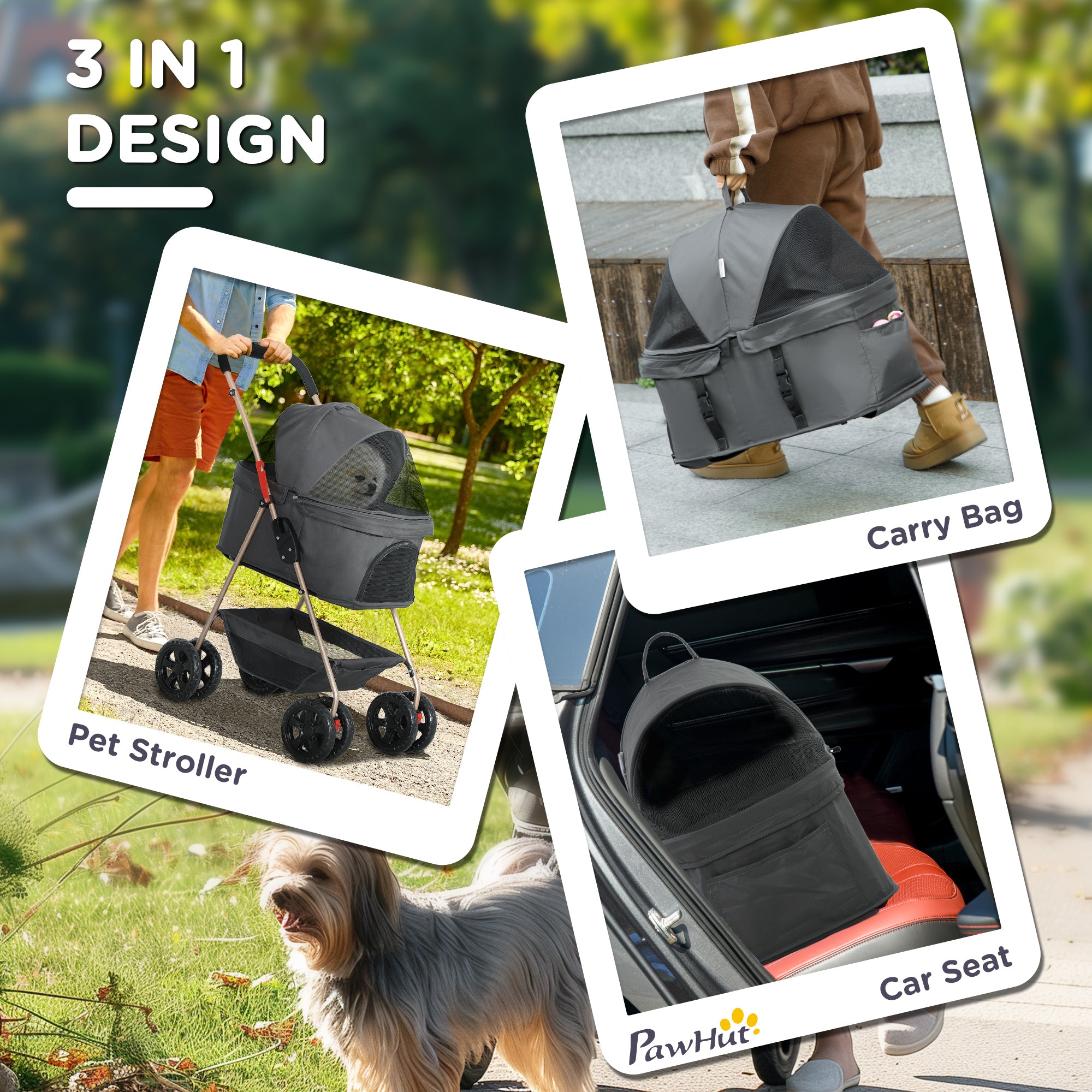 PawHut 3 in 1 Pet Stroller, Folding 4 Wheels Dog Pram with Detachable Carrier for Mini Dogs Cats, Grey - North Peak Garden Furniture