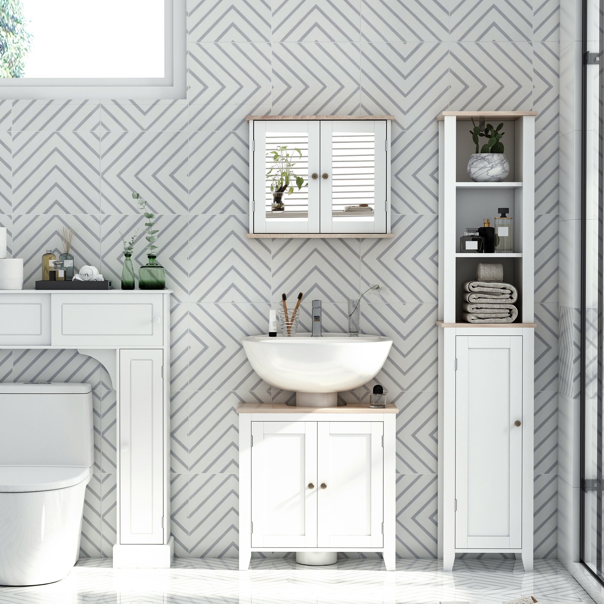 kleankin Bathroom Sink Cabinet, Bathroom Floor Storage Cabinet with 2 Doors Pedestal Under Sink Design, Space Saver Organizer Freestanding with Internal Adjustable Shelf, White - North Peak Garden Furniture