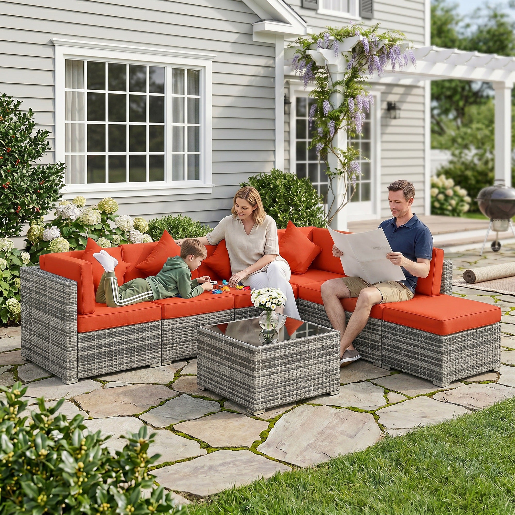 Outsunny Eight-Piece Rattan Sofa Set - Orange/Grey