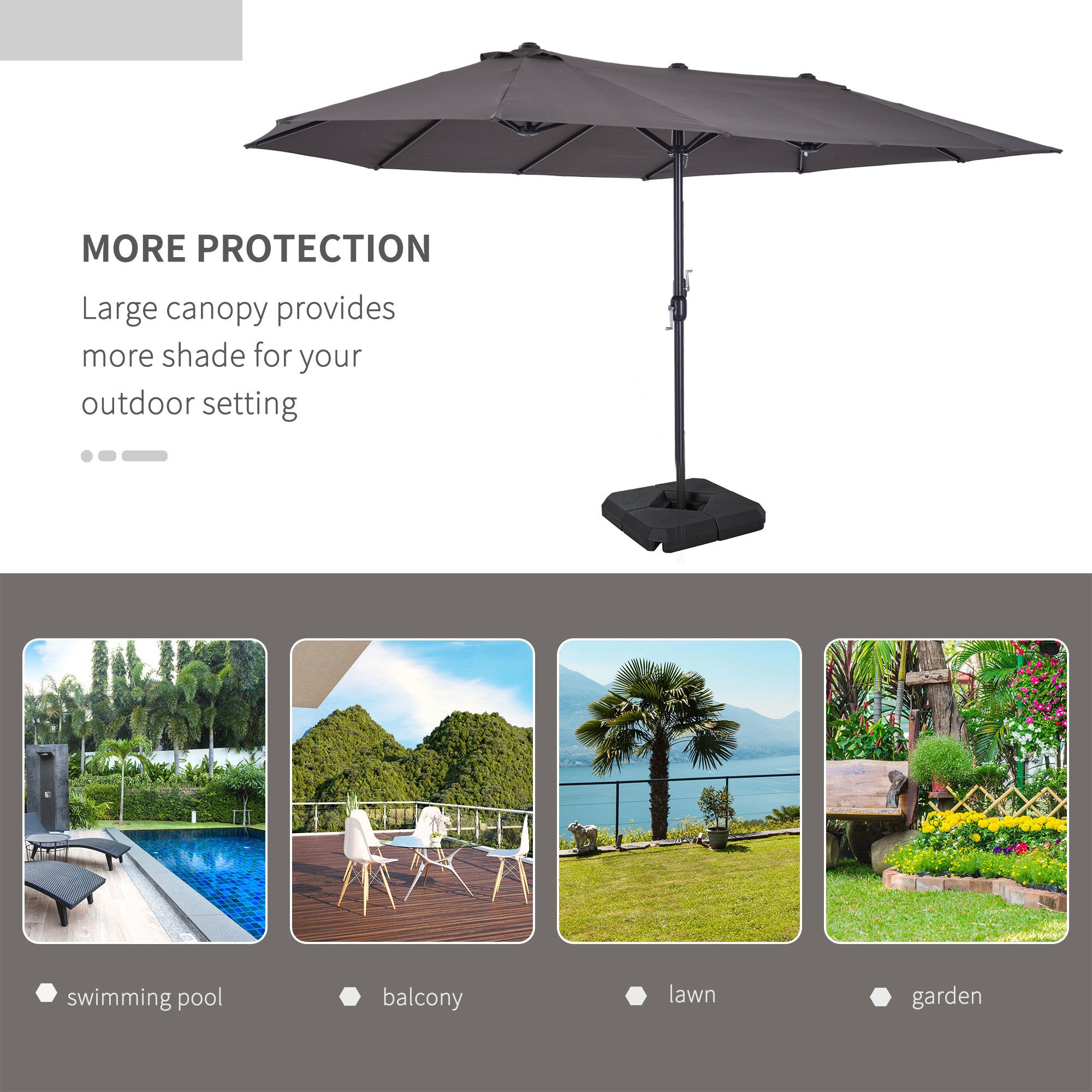 Outsunny 4.6m Garden Parasol Double-Sided Sun Umbrella Patio Market Shelter Canopy Shade with Weight Base, Grey