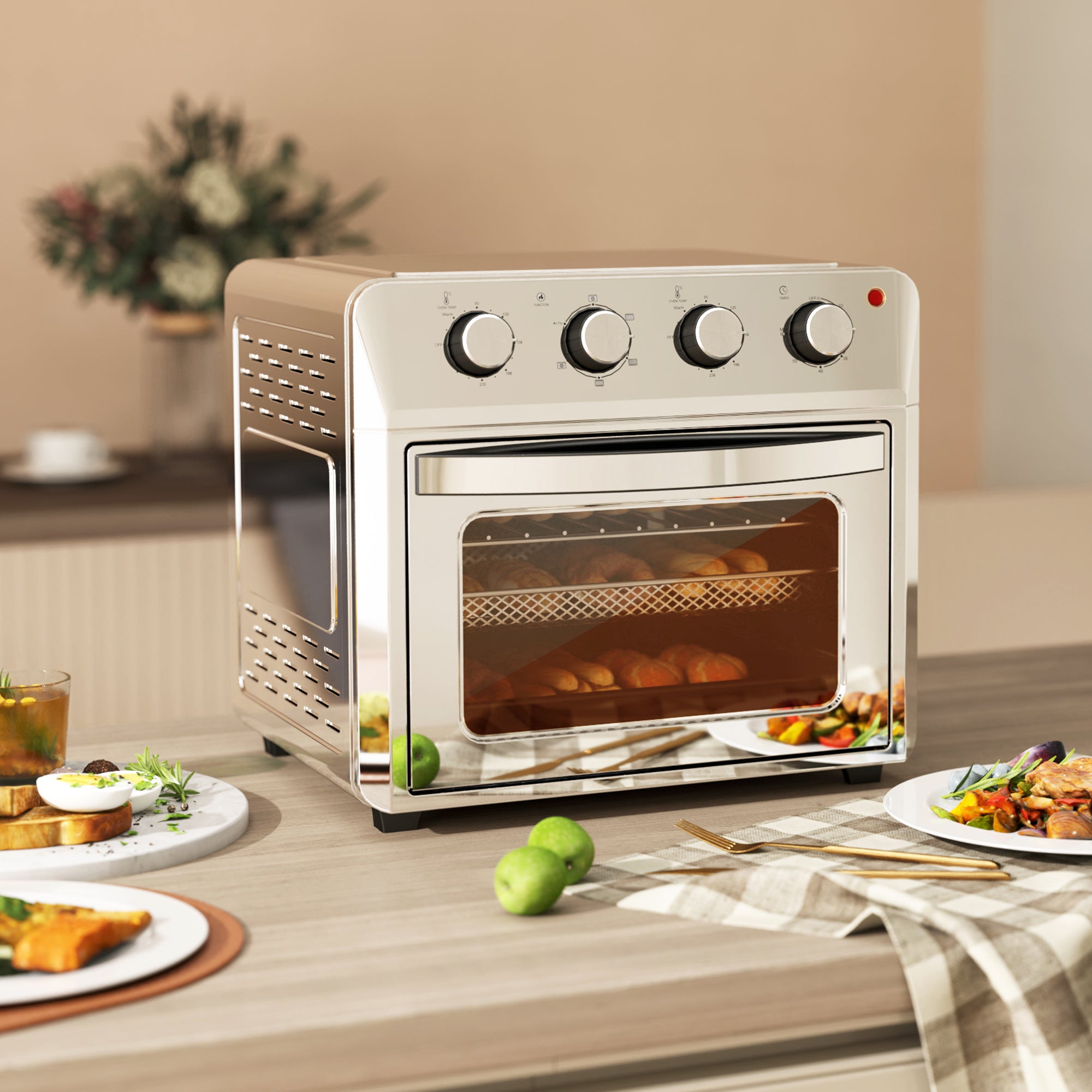 HOMCOM 24L Air Fryer Oven, Mini Oven, Oil Free Cooking, Grill, Roast, Bake, with Adjustable Temperature, Timer, Touch Screen, Dishwasher Safe, 1600W, Silver - North Peak Garden Furniture