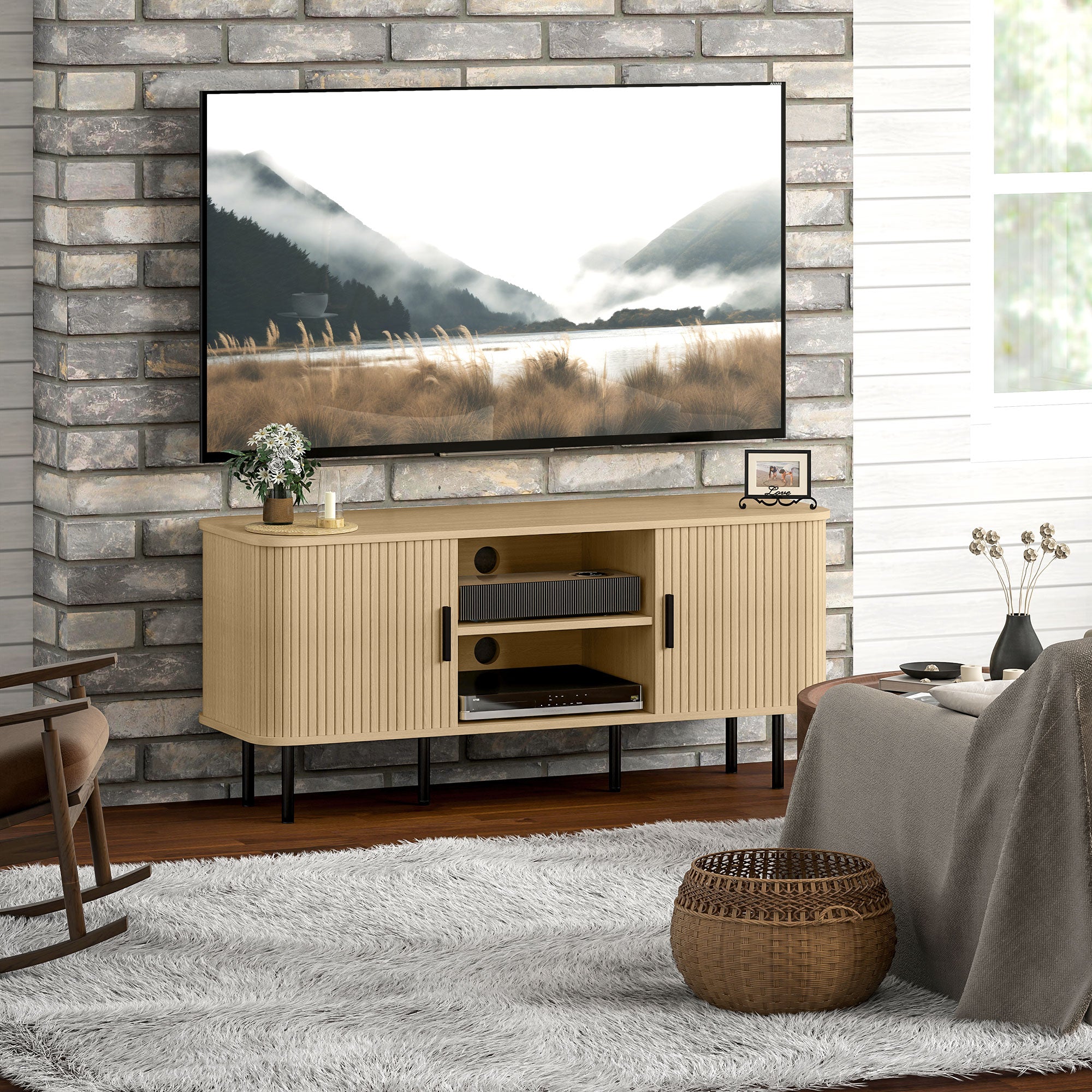 HOMCOM TV Stand Cabinet for TVs up to 55 Inches, TV Unit with Storage Shelves and Cupboard for Living Room, Oak Tone - North Peak Garden Furniture