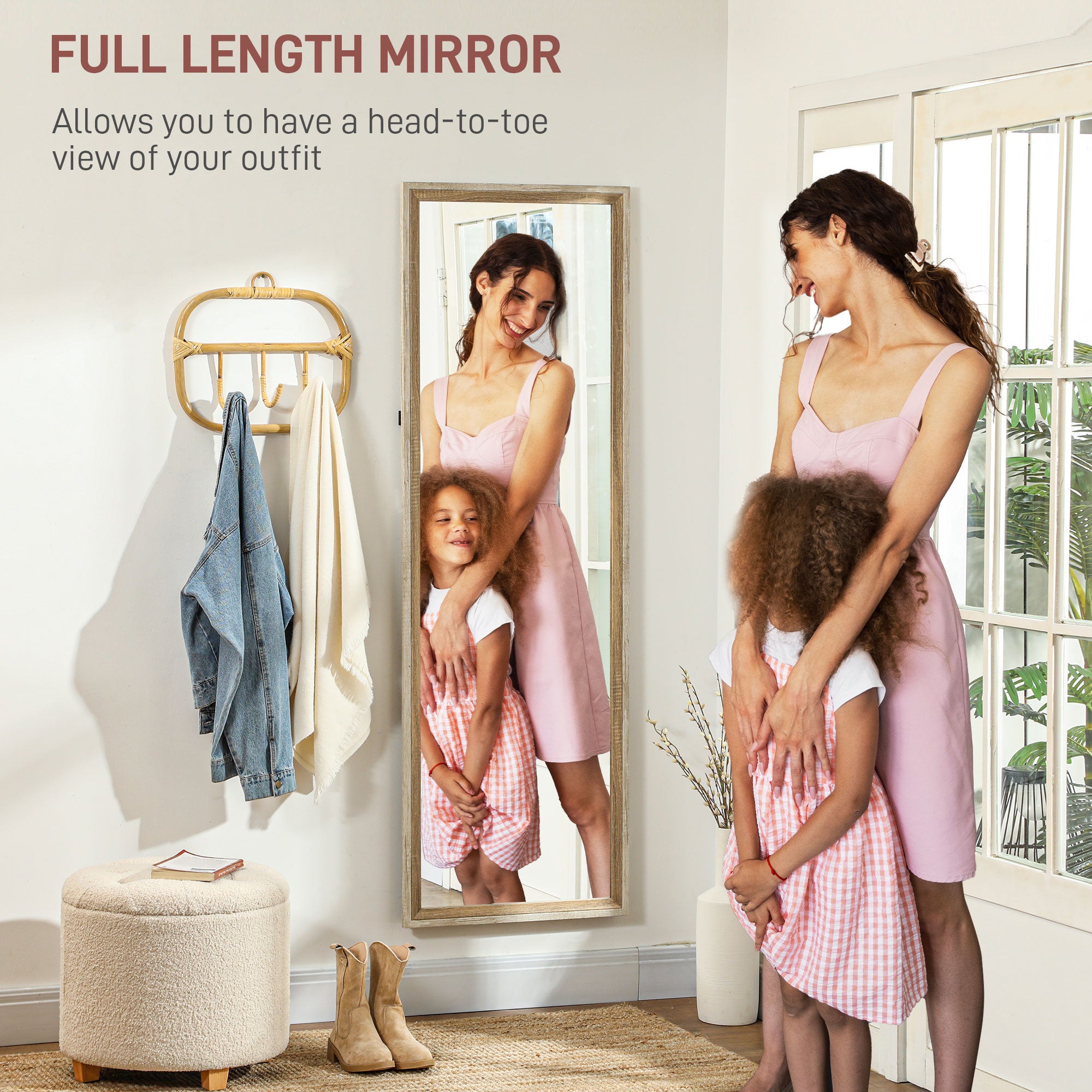 HOMCOM 162.6 cm Two-Tone Full Length Mirror - White/Oak-Tone - North Peak Garden Furniture