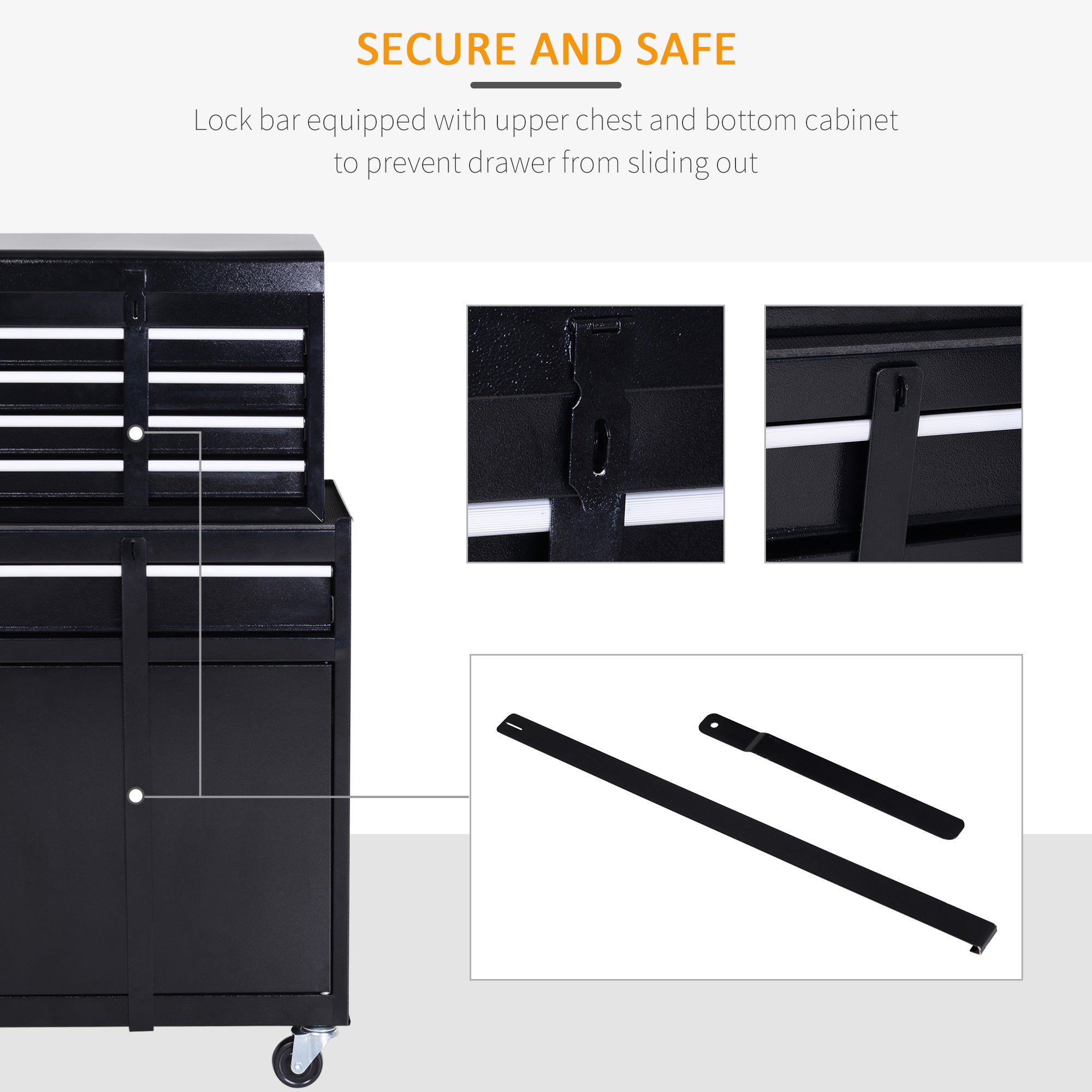 DURHAND Tool Chest 2 in 1 Metal Tool Cabinet Storage Box with 5 Drawers Pegboard Wheels 60x28x104.5cm Black - North Peak Garden Furniture