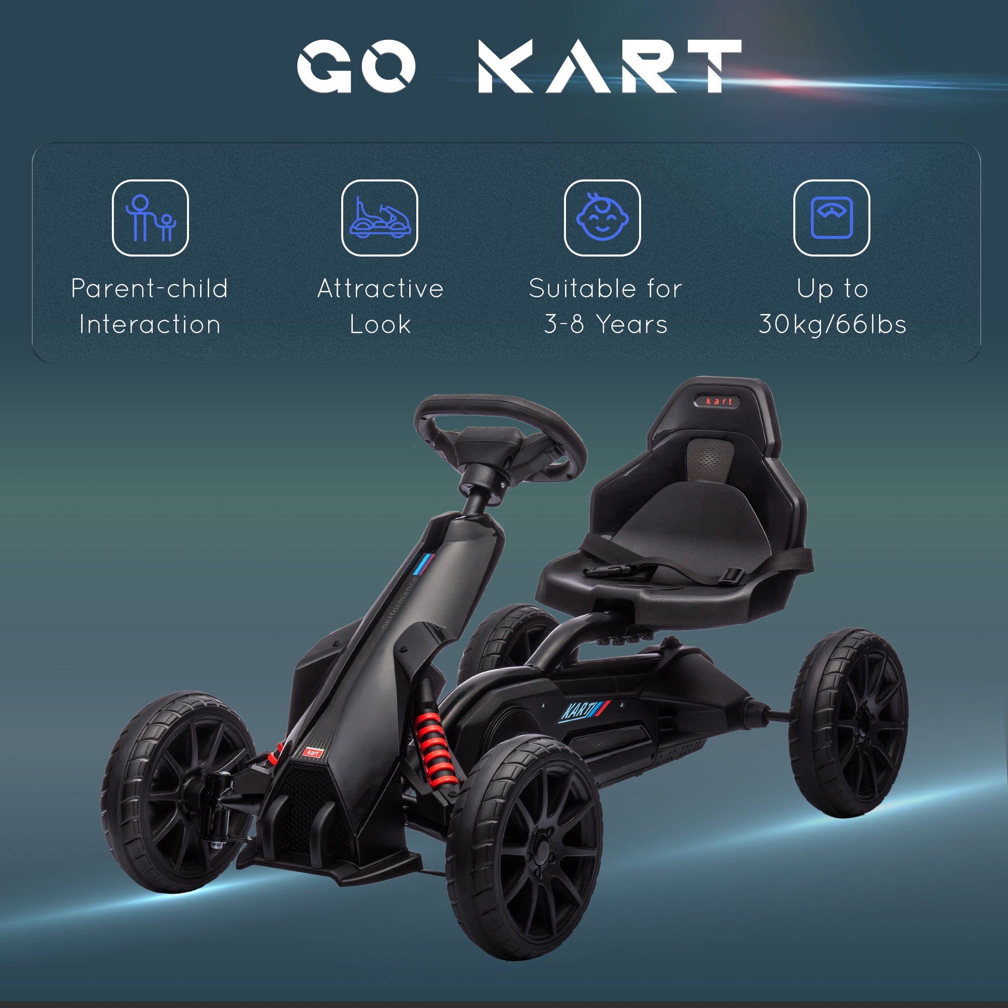 HOMCOM Kids Pedal Go Kart, with Adjustable Seat, EVA Wheels, Seat, Handbrake - Black - North Peak Garden Furniture