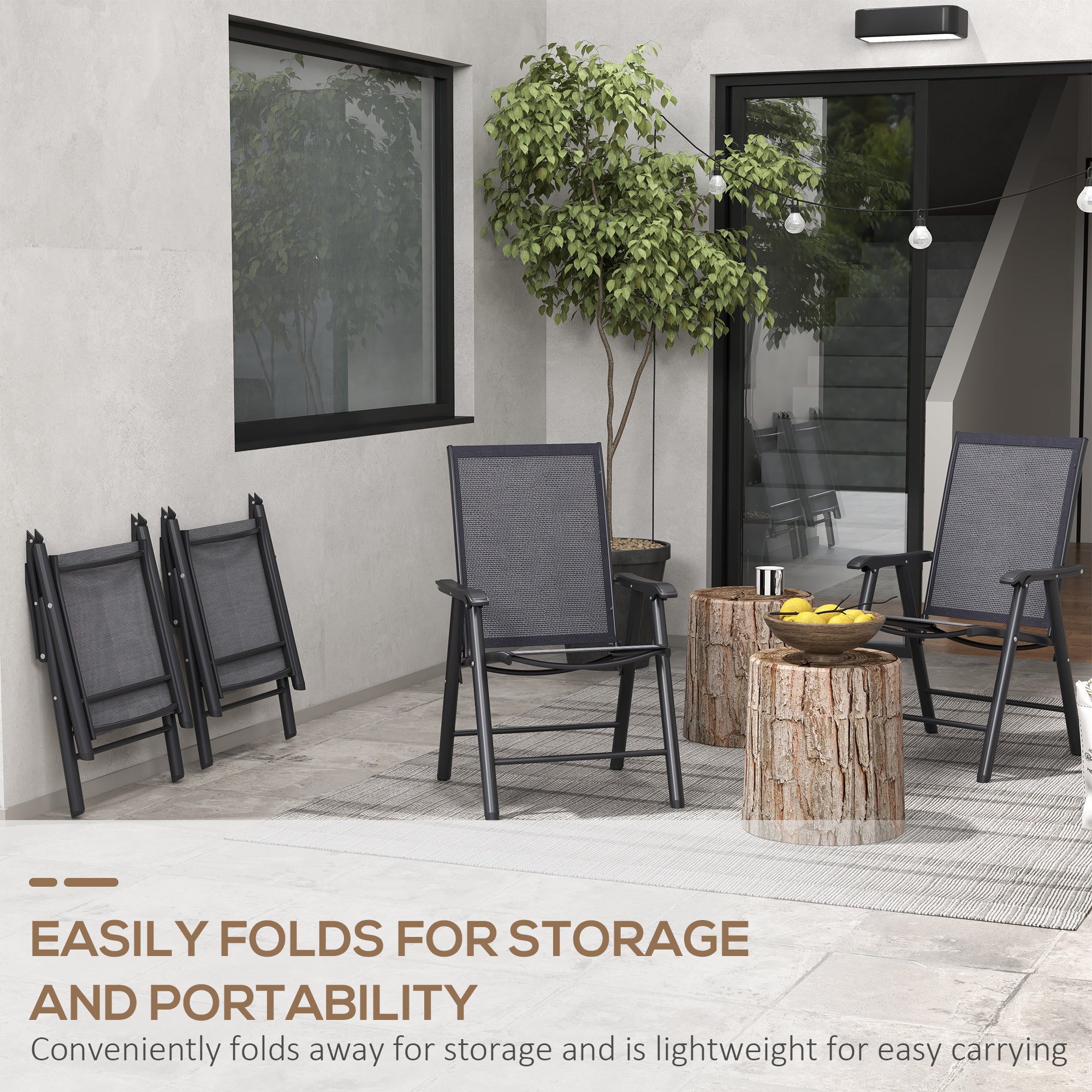 Outsunny Set of 4 Foldable Metal Garden Chairs Outdoor Patio Park Dining Seat Furniture Charcoal Grey - North Peak Garden Furniture