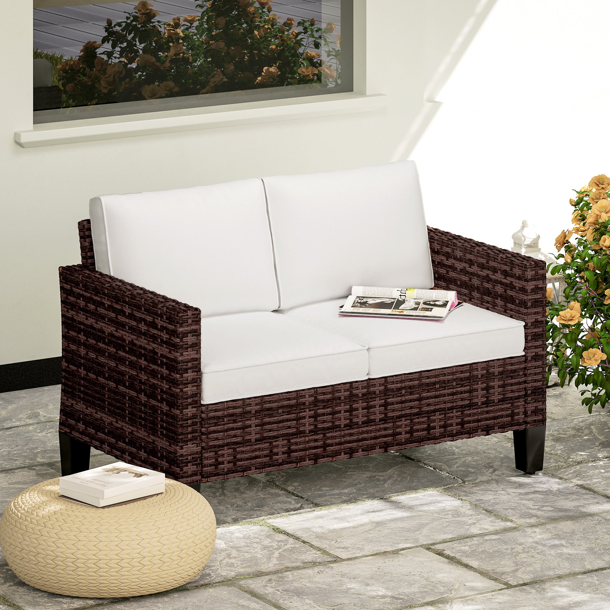 Outsunny Two-Seater Rattan Outdoor Sofa - Brown - North Peak Garden Furniture
