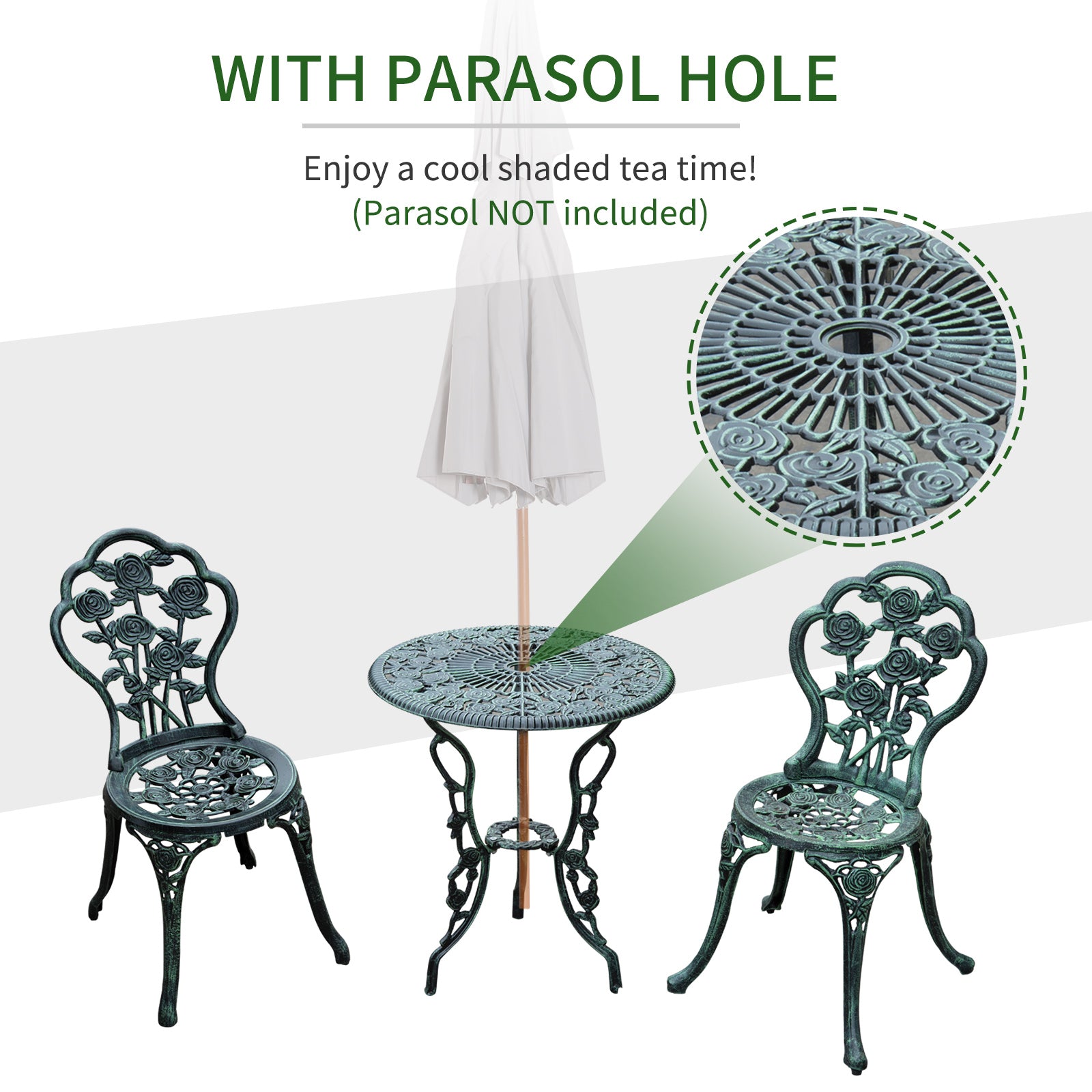Outsunny Cast Aluminium Outdoor Patio Garden Bistro Elegant Design Table Chair Set - Green (3-Piece) - North Peak Garden Furniture