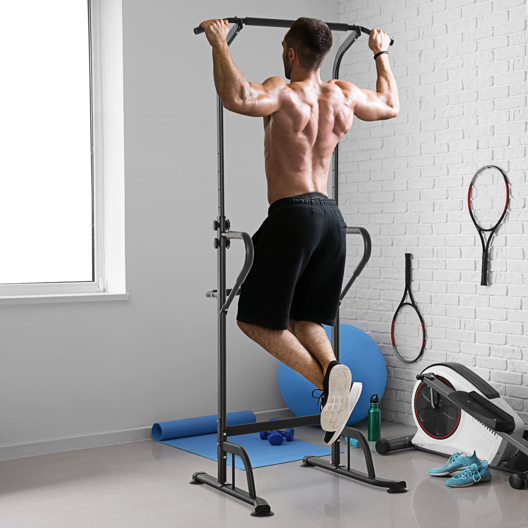 HOMCOM Power Tower Dip Station Pull Up Bar Multi-Function Push Up Equipment with Adjustable Height for Home Gym Strength Training Workout Fitness - North Peak Garden Furniture