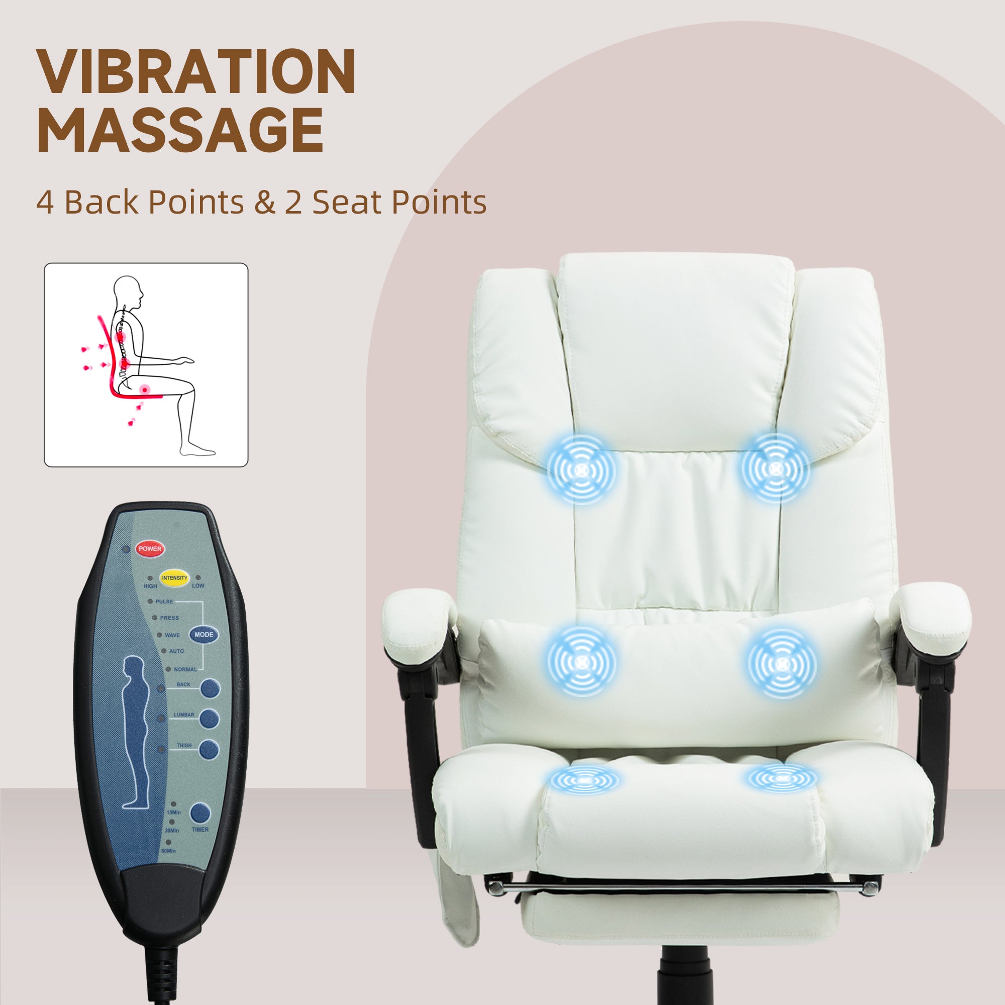 Vinsetto 6-Point Massage Office Chair, PU Leather Desk Chair with Adjustable Height and Footrest for Home Office, White - North Peak Garden Furniture