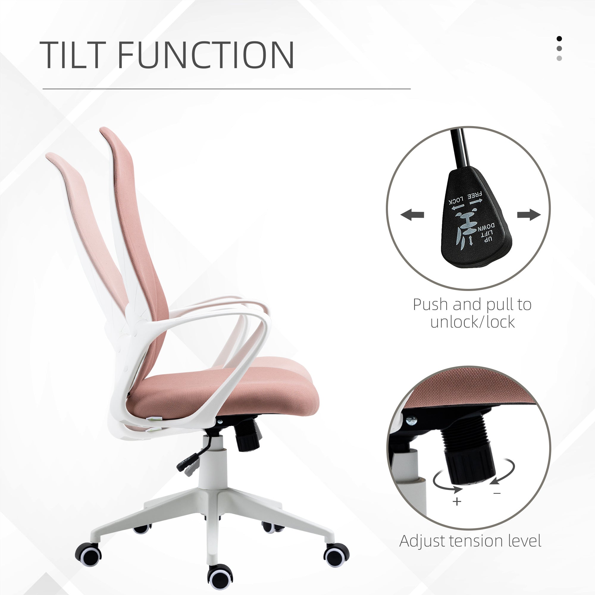 Vinsetto High Back Office Chair, Fabric Desk Chair with Armrests, Adjustable Height, Swivel Wheels, Pink - North Peak Garden Furniture