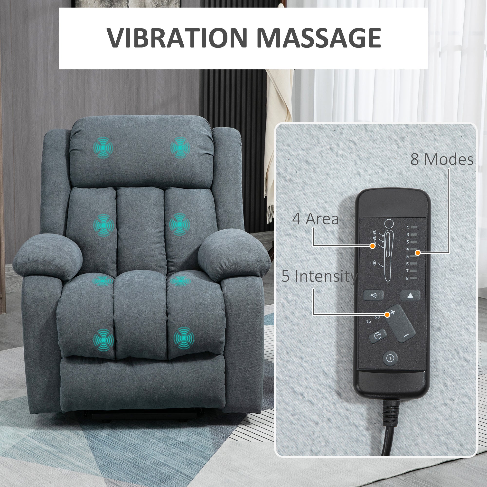 HOMCOM Oversized Riser and Recliner Chairs for the Elderly with 8 Vibration Massage, Large Fabric Upholstered Lift Chair for Living Room with Remote Control, Side Pocket, Footrest, Dark Grey