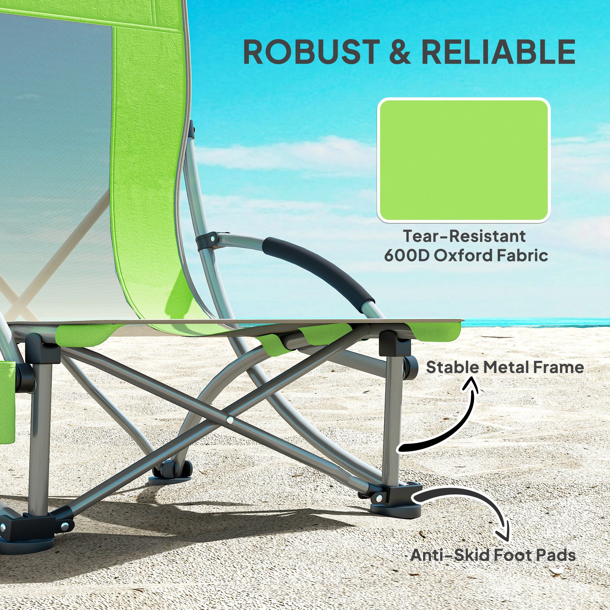 Outsunny Set of 2 Folding Beach Chair, Low Camping Chair with Mesh Back, Carry Bag and Cup Holder for Garden Outdoor Picnic Festival Travel, Green - North Peak Garden Furniture