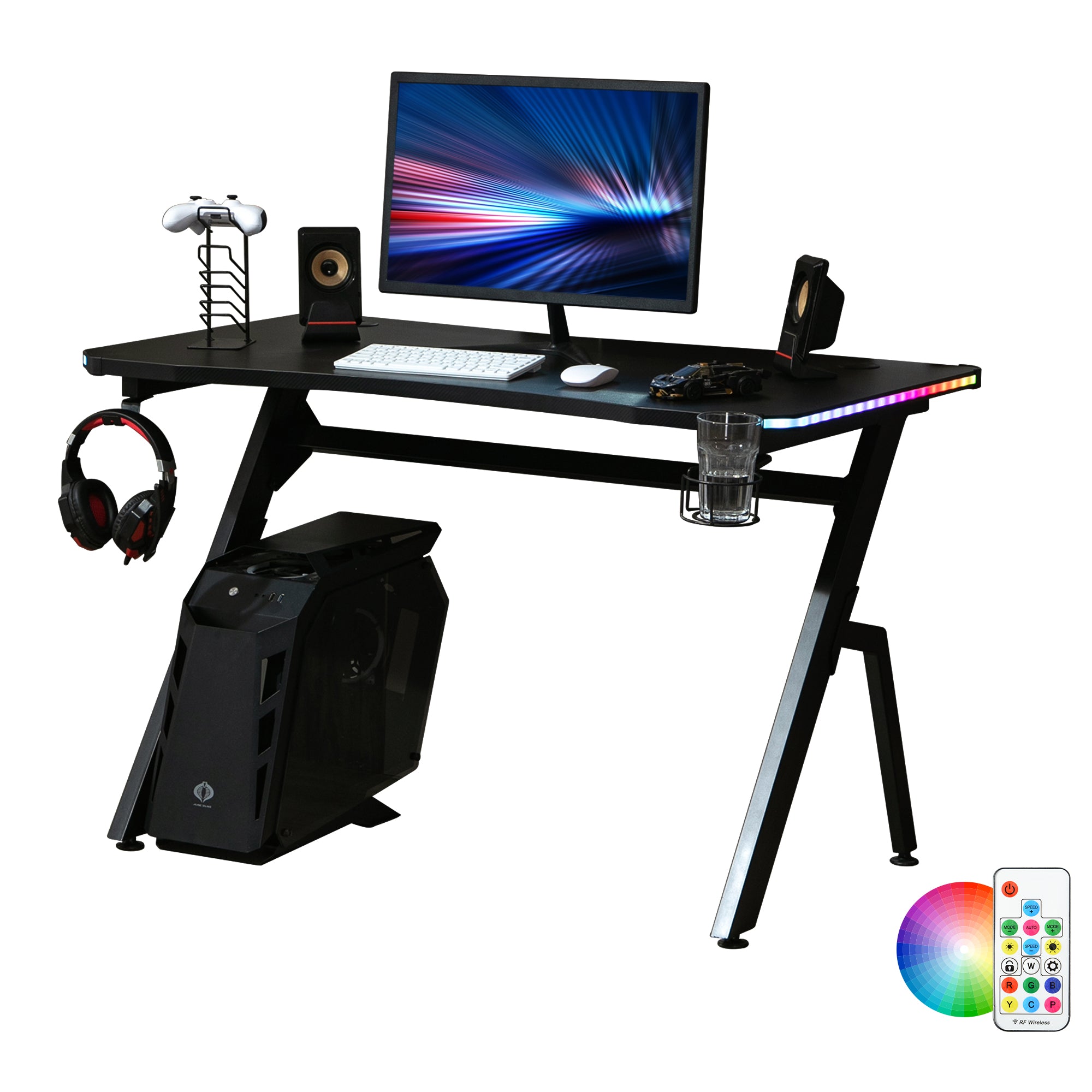 HOMCOM RGB 120 x 66cm Gaming Desk, Computer Table with Carbon Fibre Surface, Headphone Hook, Cup Holder, Controller Rack, Home Office Desk, Black - North Peak Garden Furniture
